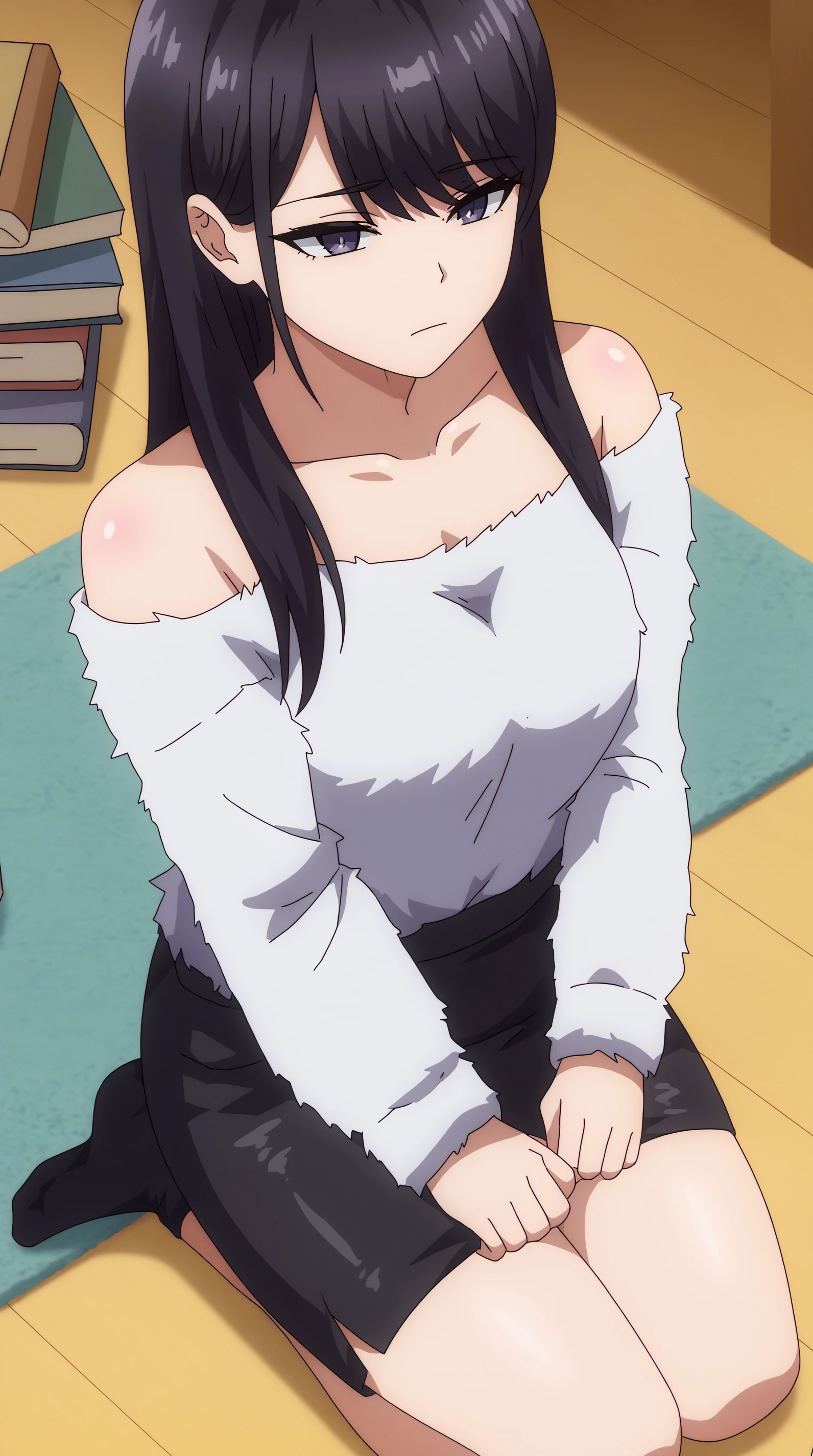 score_9, score_8_up, score_7_up,anime_source, source_anime, best background, detailed background, anime screencap, 4k, upscale, Hikari Kuroda, skirt, closed mouth, sitting, solo, indoors, black skirt, off shoulder, sweater, book, kneeling, pencil skirt, from above, looking down, wooden floor, on floor, off-shoulder sweater <lora:JN_Hikari_Kuroda_Pony:0.8>