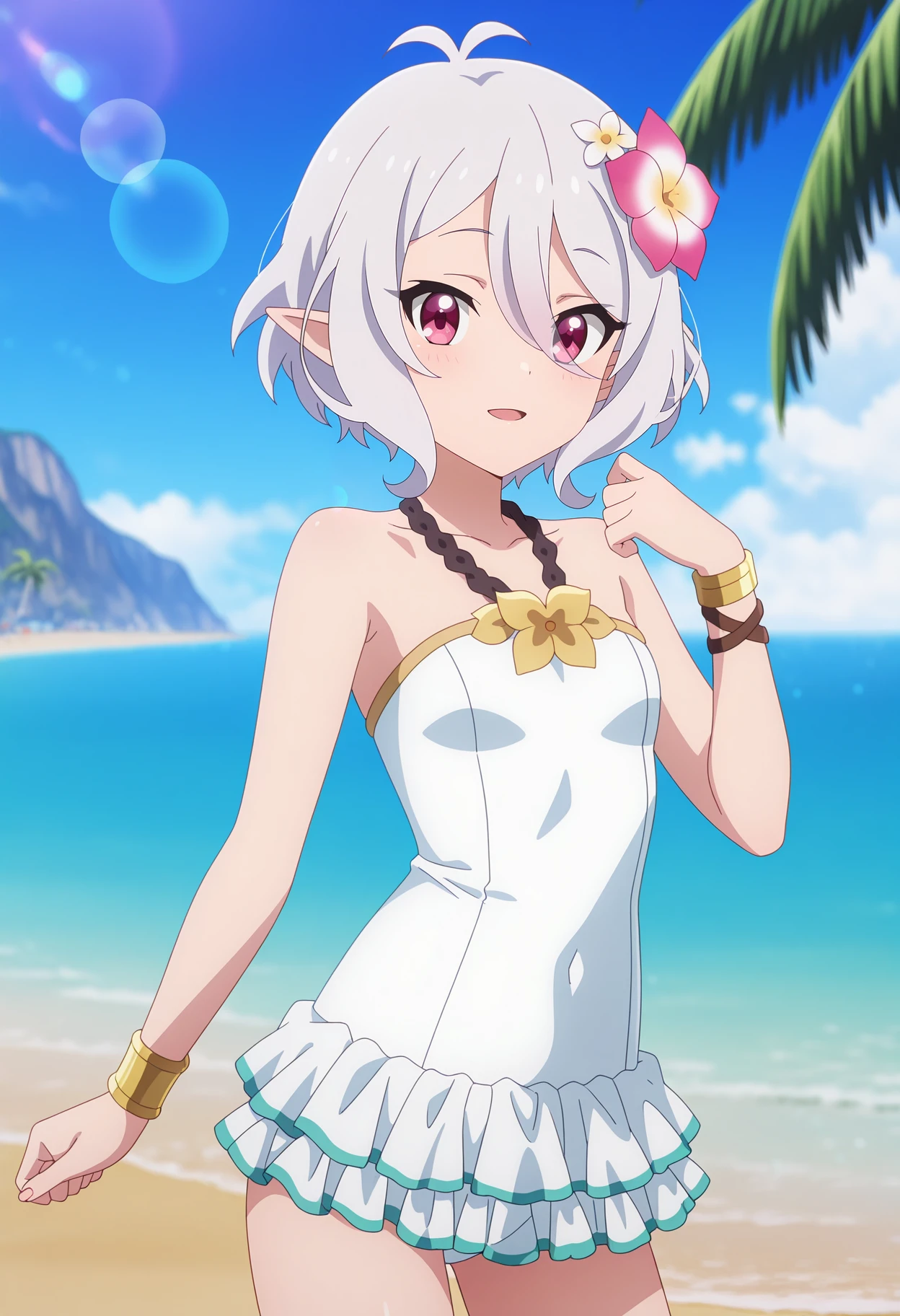 anime screencap, masterpiece, best quality,
<lora:PrincessConnect_Kokkoro_IlluXL:0.9>,
1girl, solo, open mouth, light smile, light blush,
short hair, white hair, antenna hair, magenta eyes, pointy ears, hair flower,
KokkoroSwimsuit, frilled one-piece swimsuit, bracelet,
standing, looking at viewer,
blurry background, day, lens flare, beach, horizon, palm tree