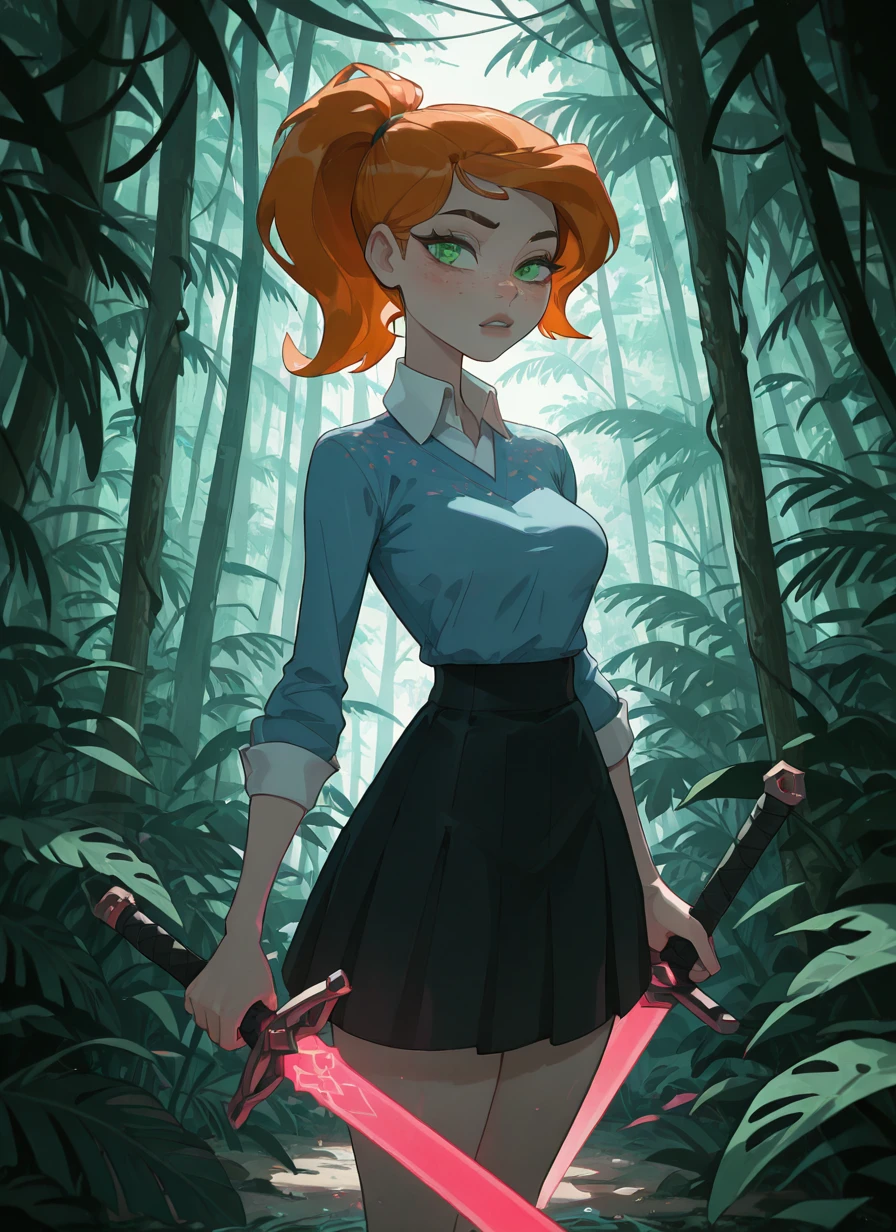 <lora:ovgwen-10:1> ovgwen, green eyes, orange hair, 1girl, ponytail, freckles, blue jumper shirt, white collar, black skirt, jungle background , rtx lighting, cybperunk lighting, pink light from sword, pink sword, glowing pink sword, <lora:void_0:0.7>, masterpiece, best quality, amazing quality, very aesthetic, absurdres, newest,