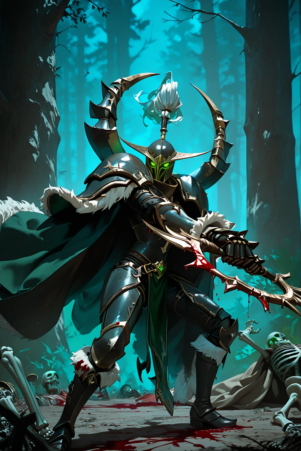 masterpiece, good quality, best quality, very awa, very as2, absurdres, highres , 3d
<lora:Maiev ShadowsongiIllustriousLoRA:1> MaievShad, ponytail, helmet, green eyes, glowing eyes, cape with spikes, gauntlets, belt, armor, pauldrons, fur trim, boots,(holding weapon, holding circular glaive), fighting pose, swinging weapon, blood on clothes, forest, (skeletons), emphasis lines, at night, glowing, dynamic pose