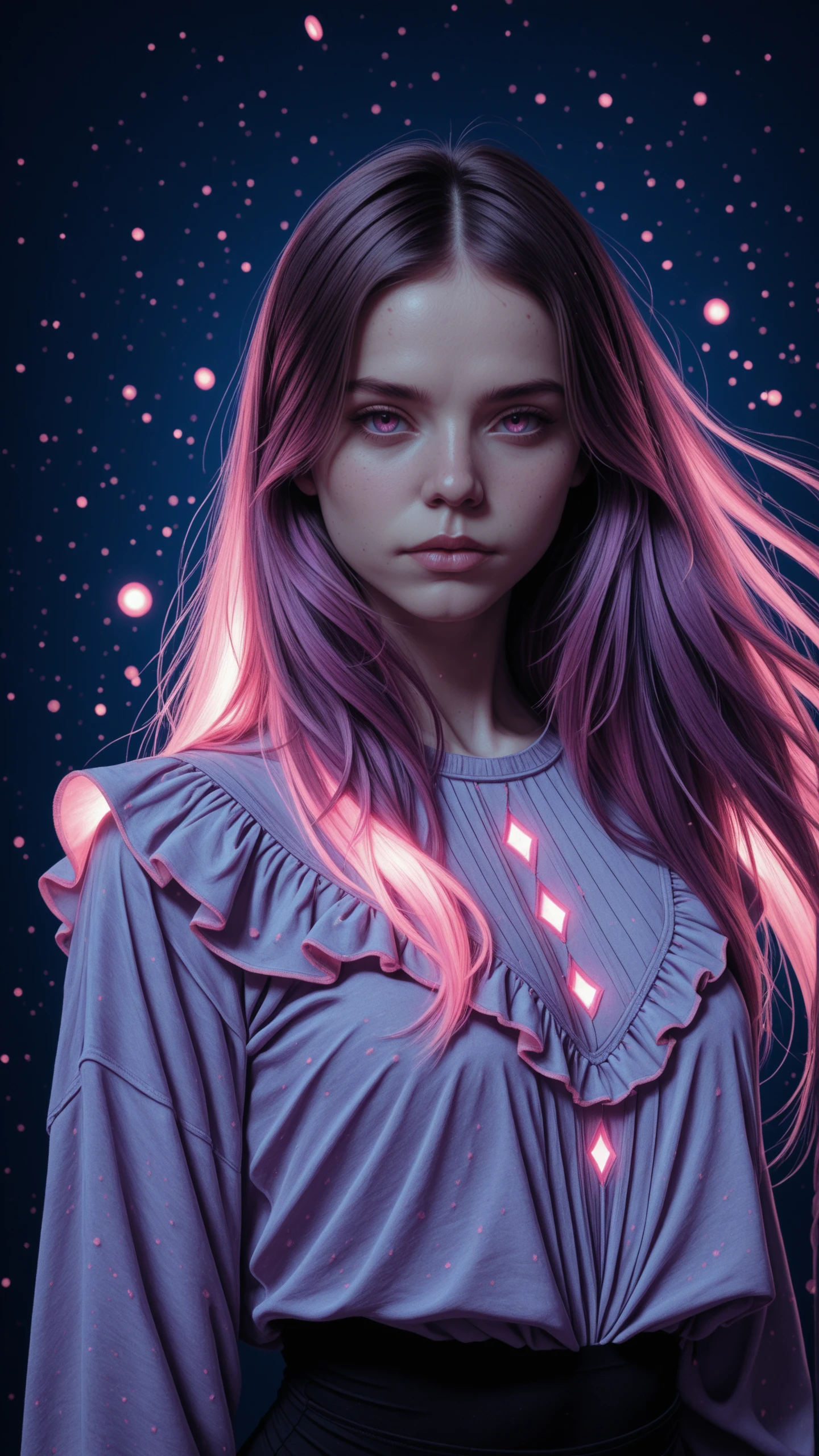 masterpiece, best quality, 1girl, face, portrait, looking at viewer, Masterpiece-level, sharp and fine photography style.
Analogous Colors, closed mouth, ruffled blouse, long sleeves, leggings, side shadow, low light, rim-light, floating hair,
blue background, purple details,
rijjnn, pink colors, neon glow, shadow <lora:reij-neon:1>