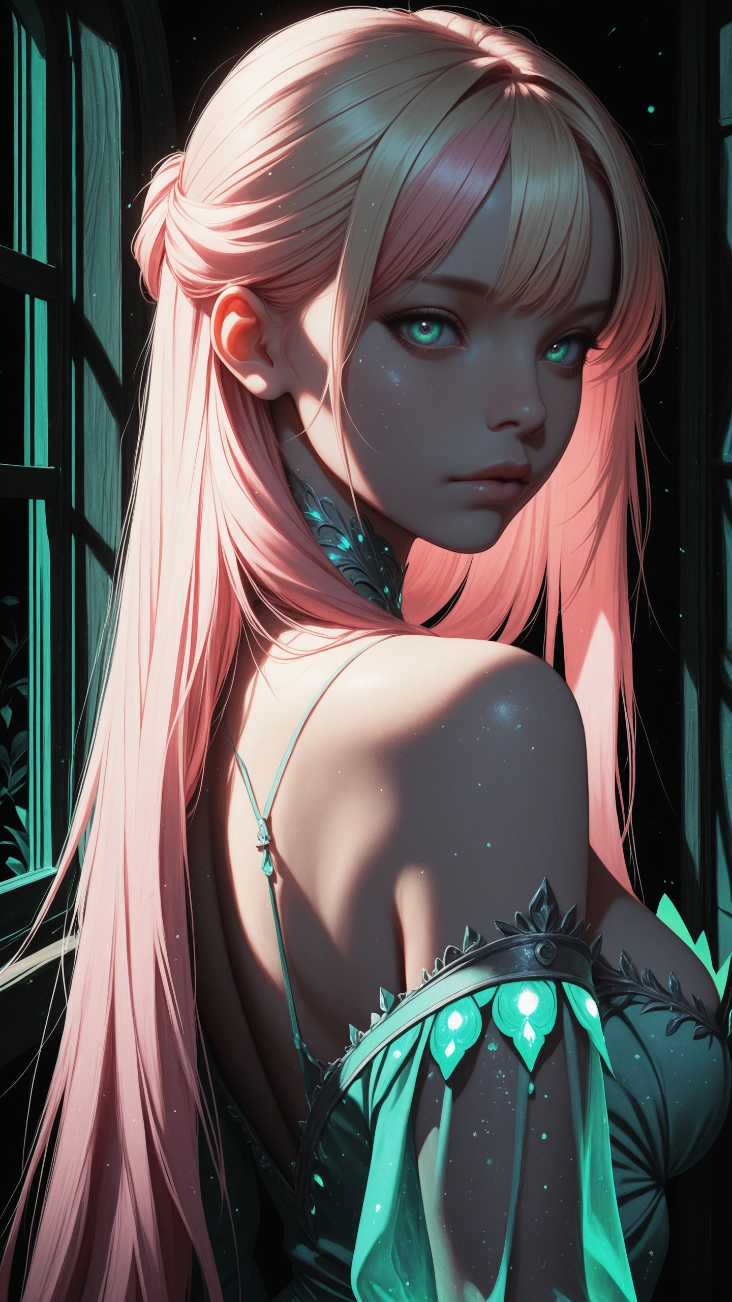 1girl, woman, face, portrait, looking at viewer,
rijjnn, green colors, neon glow, shadow, dark <lora:reij-neon:0.8>,
masterpiece,best quality,amazing quality,very aesthetic,absurdres,newest,detailed eyes, realistic body,
female body, curves, saggy breasts, medium breasts, small waist, princess dress, off the shoulder, see through sleeves, Glitter,
seablue eyes eyes, blonde hair, pink hair, multicolored hair, half updo, very long hair, side bangs, haute couture,
face focus, upper body view, dynamic angle, over the shoulder view, side back view,
Analogous Colors, modern,
open window, fairytale landscape,
