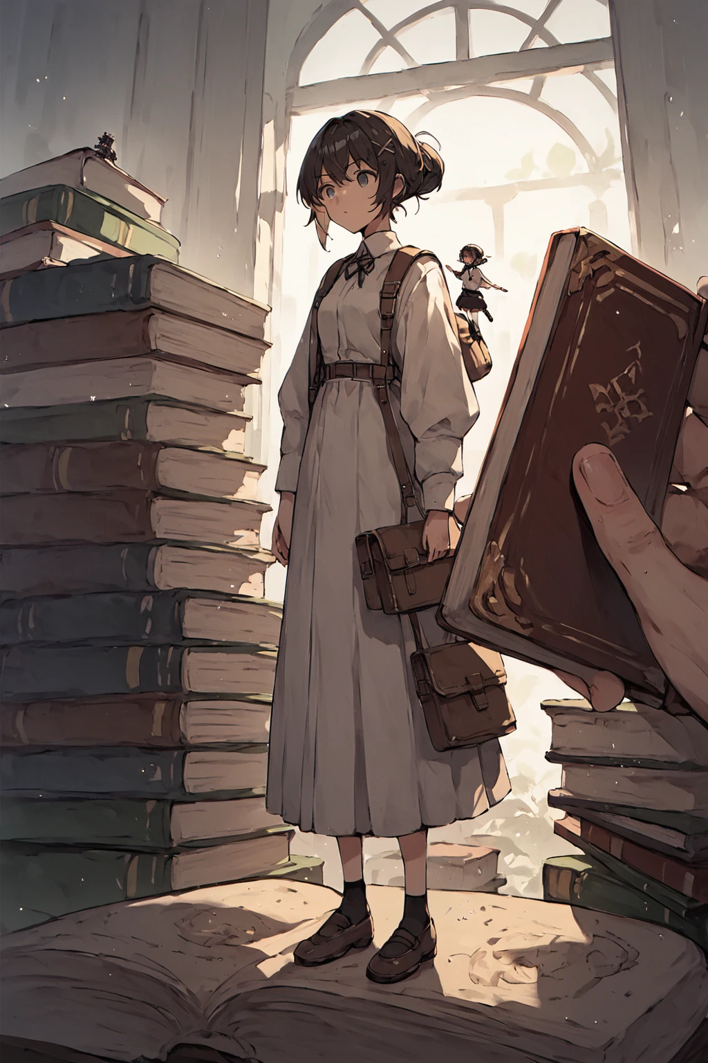 <lora:mini-people:1> minipoeple, minigirl, woman standing next to regular sized book, regular sized objects, , source_anime, score_9_up, score_7_up, score_8_up
