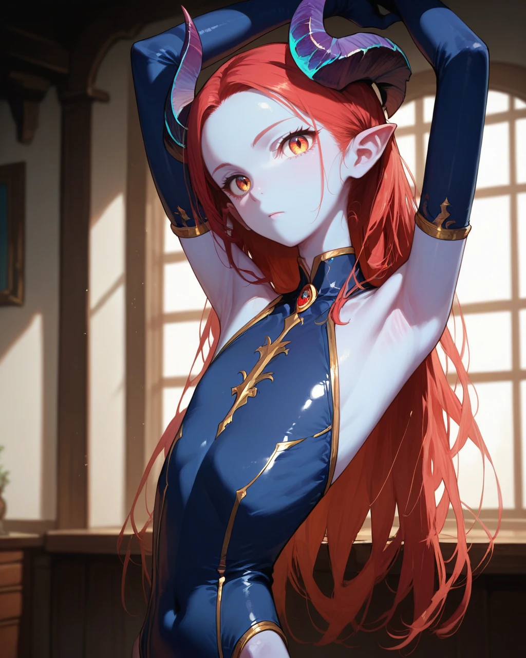 score_9,score_8_up,score_7_up,source_anime,masterpiece,best quality,upper body,1girl,<lora:skinnygirl_pony:1>,skinny,flat chest,long hair,demon girl,horns,leotard,elbow gloves,blue skin,indoors,arms up,armpit,looking at viewer,
