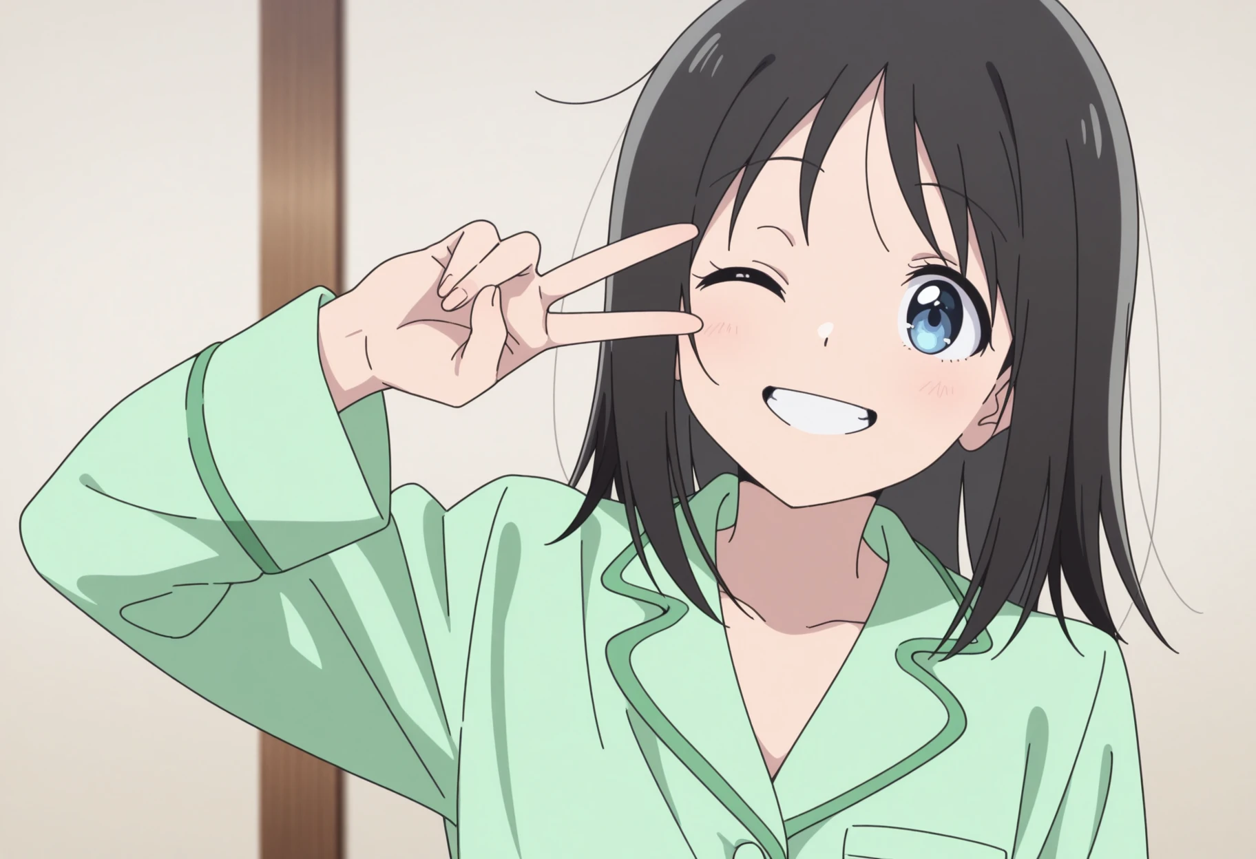 masterpiece, best quality, very aesthetic, anime, high quality, detailed background,
1girl, hana_haruyama, green pajamas
black hair, blue eyes, solo <lora:Hana_Haruyama:0.8>
peace sign, v, smiling, wink, upper body