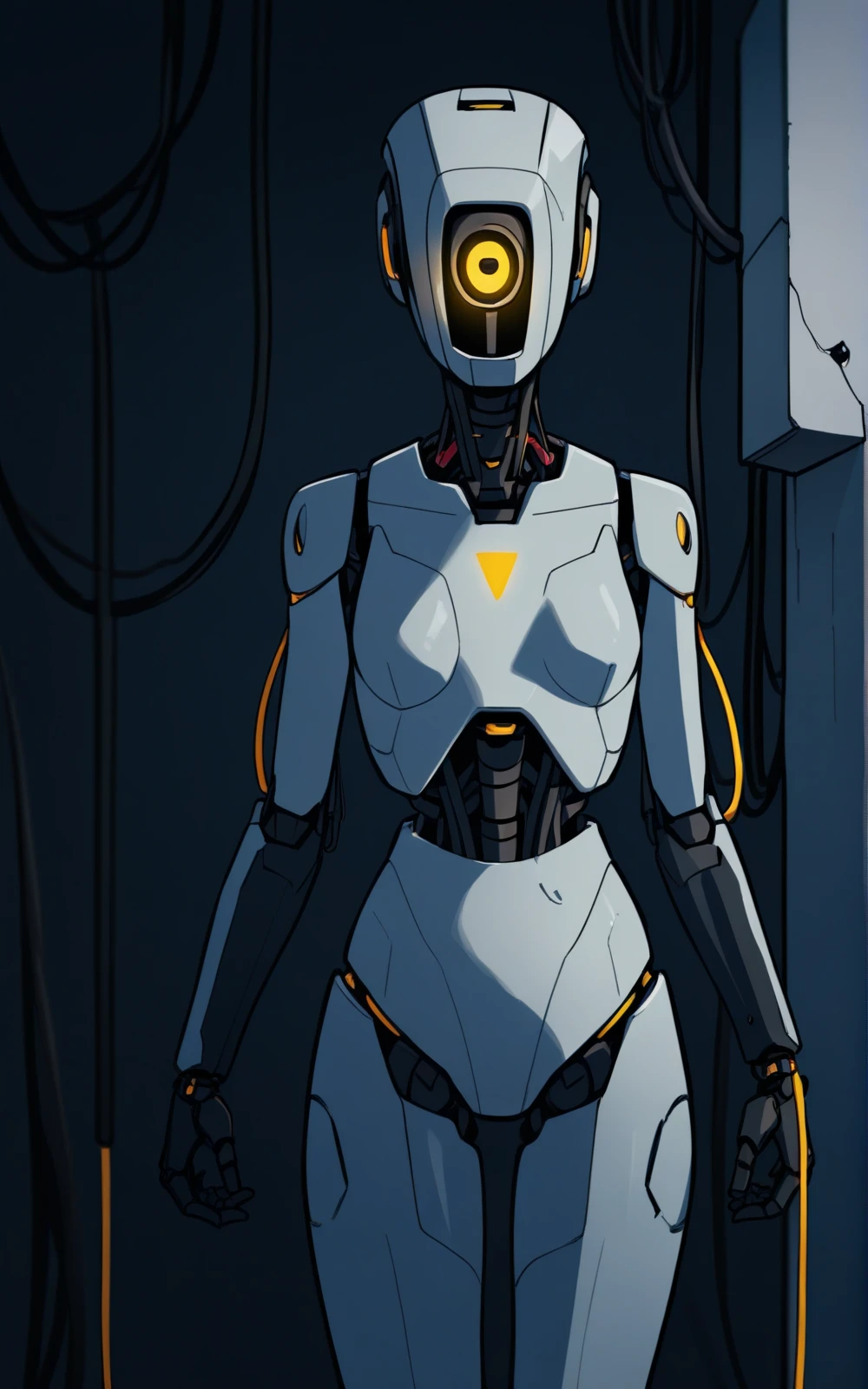 best quality, absurdres,<lora:BolivanteStyleITS:0.8>, <lora:GP2ITS:0.8>,GP2ITS,robot,humanoid robot, joints,yellow eye,one-eyed,no mouth, science fiction,standing,white skin,solo,slim,(cable),dark room , horror \(theme\)