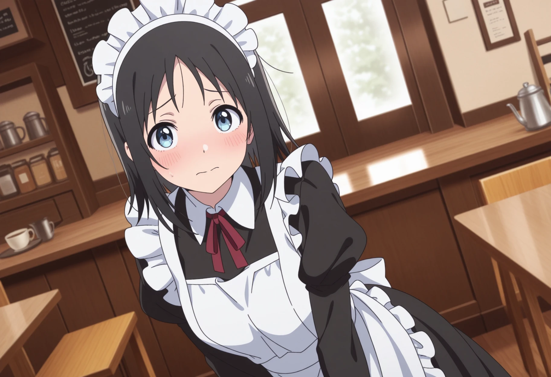 masterpiece, best quality, very aesthetic, anime, high quality, detailed background, looking at viewer,
<lora:Hana_Haruyama:0.8>
1girl, solo, hana_haruyama, black hair, blue eyes, embarrassed
maid uniform, maid, cafe, indoor, cafe interior, dynamic angle