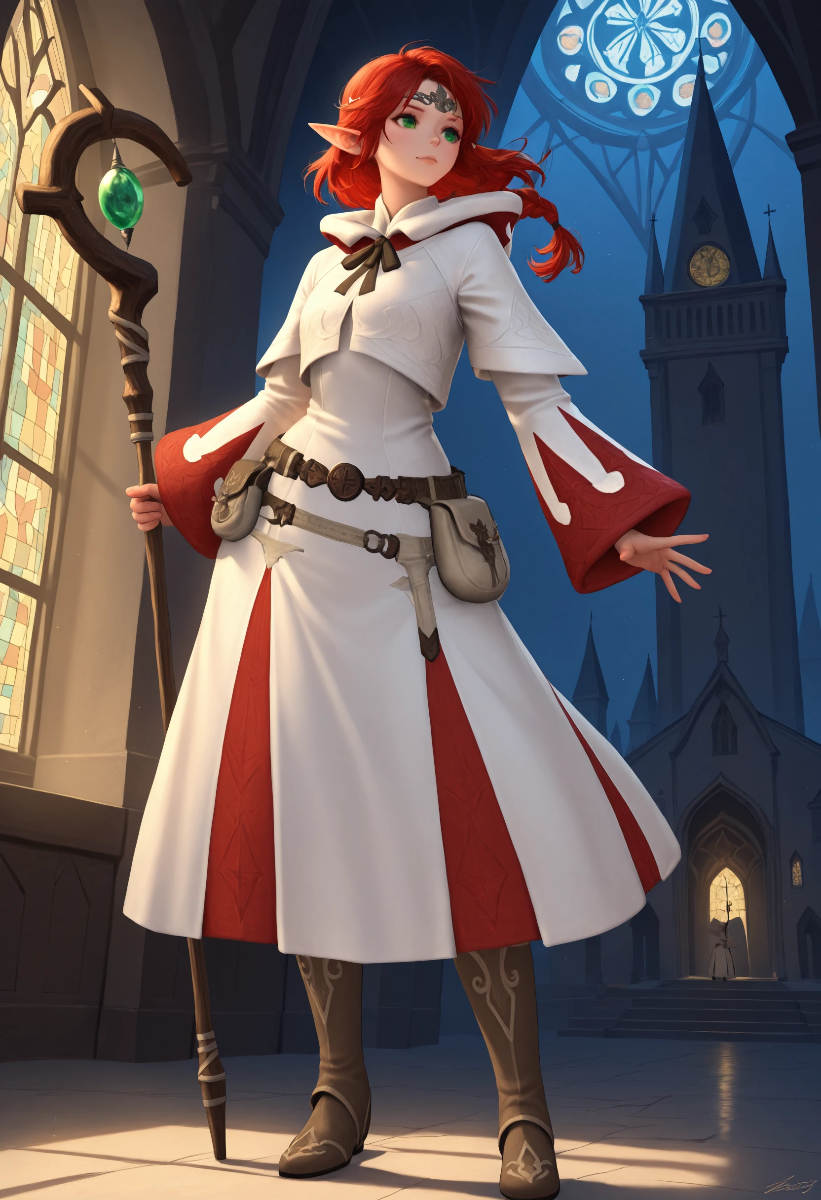 masterpiece, best quality, elf, red hair, green eyes, church, stained glass, white mage, boots, belt, hood, pouch, robe, belt pouch, circlet, holding, holding staff, floating hair, floating, arms out,single braid, night, <lora:Healers_Attire_IL:1>