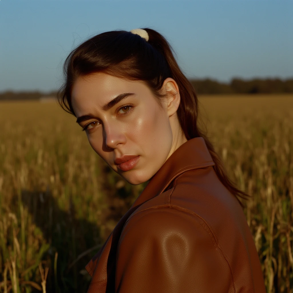 UHD, 4k, ultra detailed, cinematic, a photograph of  <lora:cinematic film style v1:0.9>
cinematic film style of horizontal 65mm filmstrip of a sad woman with a brown jacket and a field of corn looking at something, perfect image, perfect body, perfect anatomy, sharp image, detailed image, Kodak film style, high quality film photography, cinematic color style, cinematic film style, horizontal filmstrip style, solo, long hair, brown hair, black hair, jacket, upper body, ponytail, blurry, lips, traditional media, real life insert, brown eyes, outdoors, nature, looking at viewer, parted lips, facial hair, leather jacket, photorealistic, tree, forest, epic, beautiful lighting, inpsiring