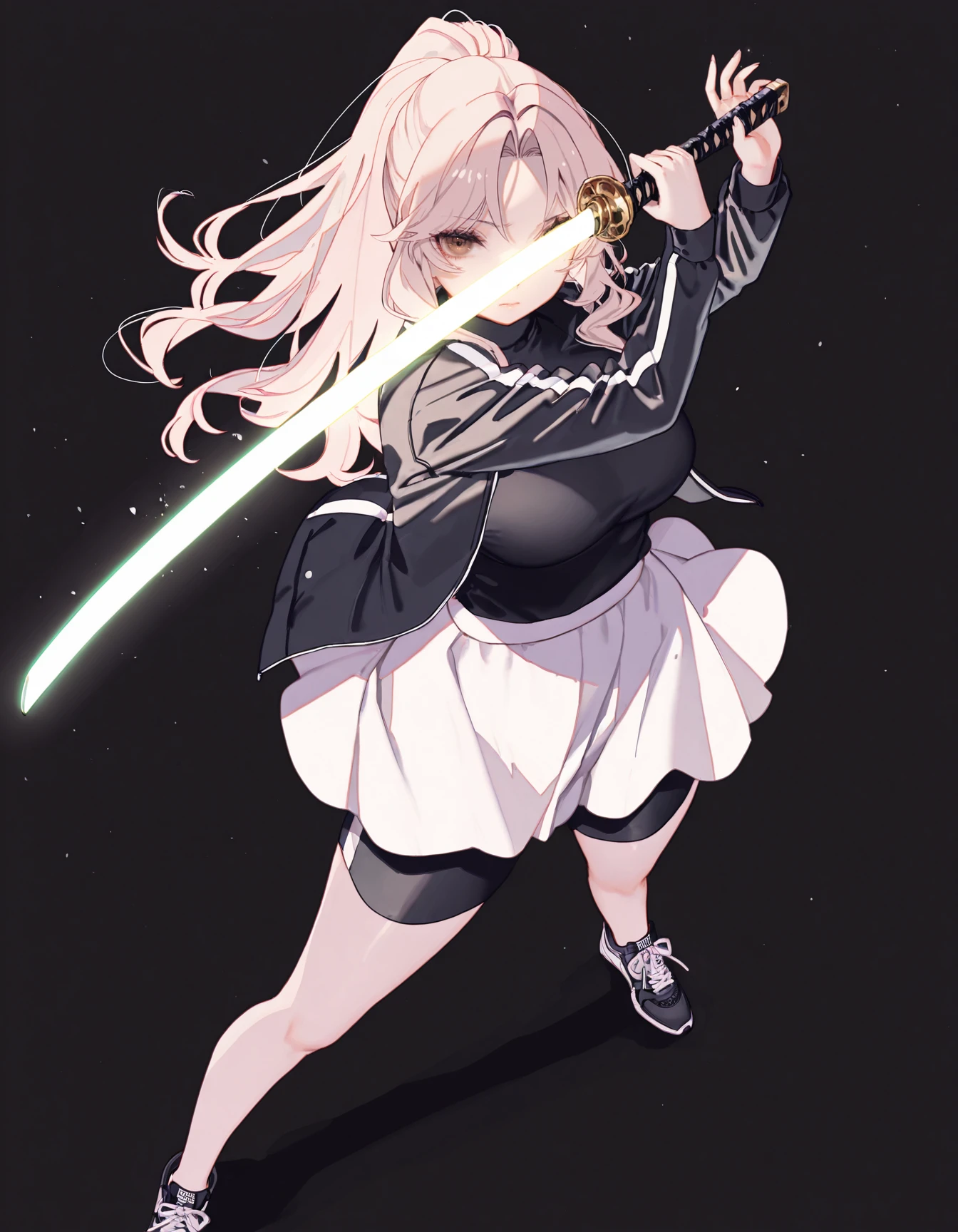 perfect quality, best quality, masterpiece, 1girl, solo, black background, mature female,
<lora:kaiseisakuraba-10:1> kaiseisakuraba,
looking at viewer,
black jacket, open jacket, white skirt, sneakers, black turtleneck, shorts under skirt,
holding sword, katana, glowing sword,
dynamic pose, from above,
sword guard stance, <lora:sword-guard-stance-illustriousxl-lora-nochekaiser:1>
shi_chimi