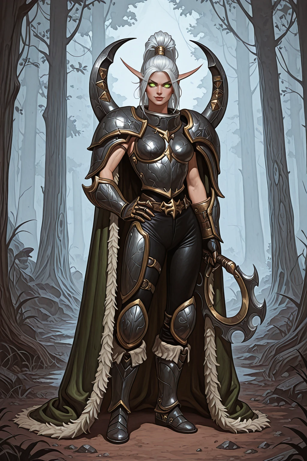 masterpiece, good quality, best quality, very awa, very as2, absurdres, highres ,
<lora:Maiev ShadowsongiIllustriousLoRA:1> MaievShad, white ponytail, green eyes, breastplate, faulds, knee pads, shin guards, pants, glowing eyes, (cape with spikes), gauntlets, belt, armor, pauldrons, fur trim, boots, (holding round glaive, holding weapon), forest, fog, smile, hand on hip, dappled sunlight
<lora:80FantasyStyleilluLYCO:1> fantastyle