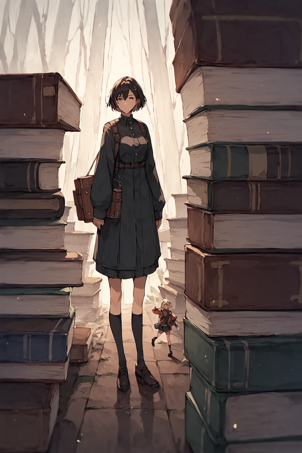 <lora:mini-people:1> minipoeple, minigirl, woman standing next to regular sized book, regular sized objects, , source_anime, score_9_up, score_7_up, score_8_up