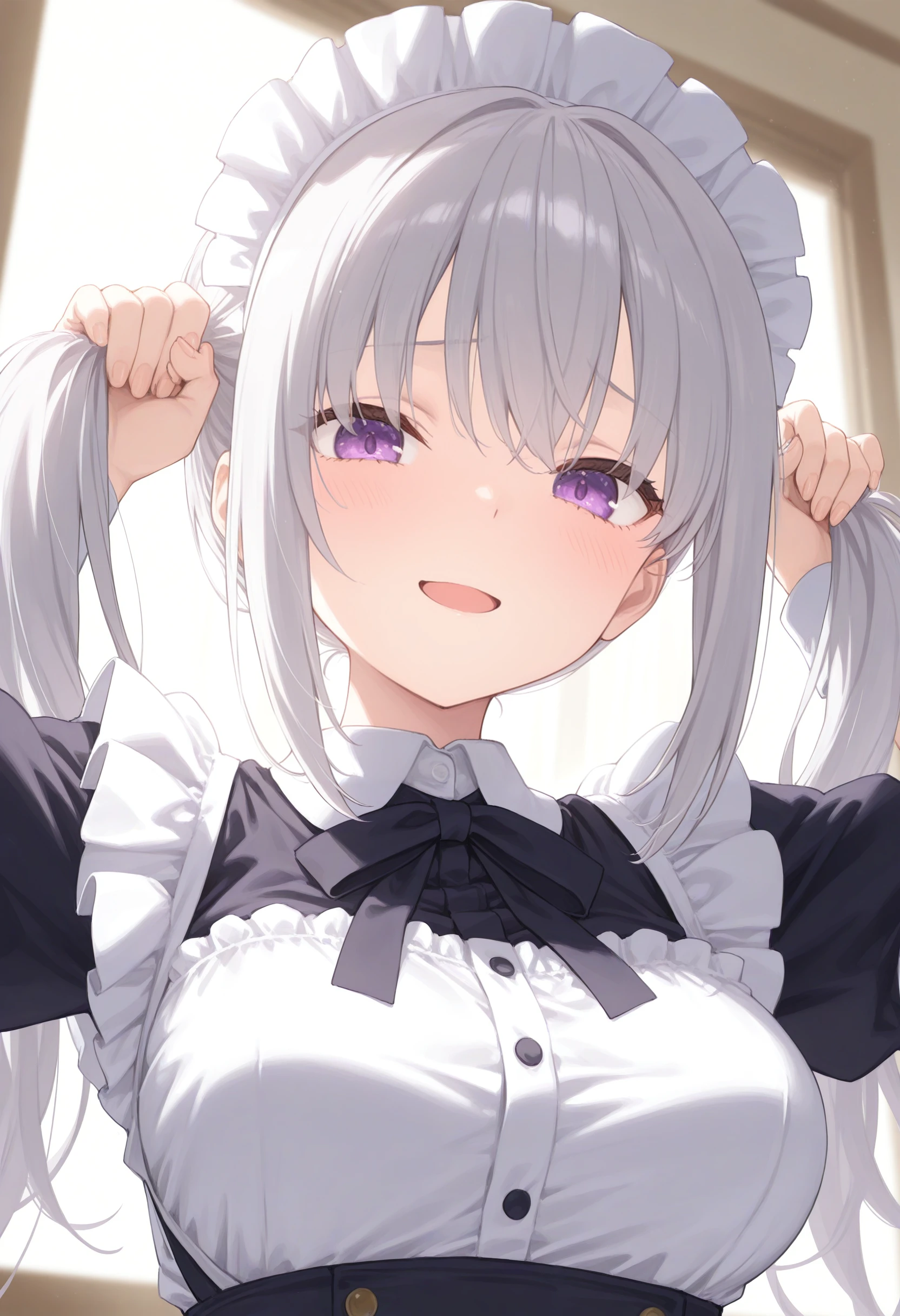 1girl,(sho \(sho lwlw\):0.7),(toosaka asagi:0.5),(sincos:0.3),solo,
masterpiece, best quality, newest, absurdres, CG, anime, source anime, illustration,
maid, maid headdress,medium breasts,
bunching hair,twintails,<lora:bunchinghair_Illust_v1:0.8>
dutch angle, portrait, looking down, silver hair, purple eyes,sad smile, principal's office, open mouth