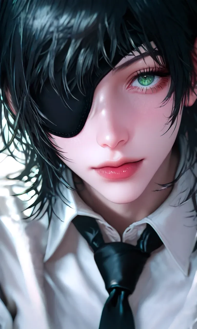 (score_9, score_8_up, score_7_up, score_6_up), a close up of a girl in a black tie, eye patches and a white shirt, 1girl, solo, shirt, necktie, looking at viewer, black hair, eyepatch, white shirt, black necktie, collared shirt, himeno (chainsaw man), blood, blood on clothes, one eye covered, green eyes, pale skin