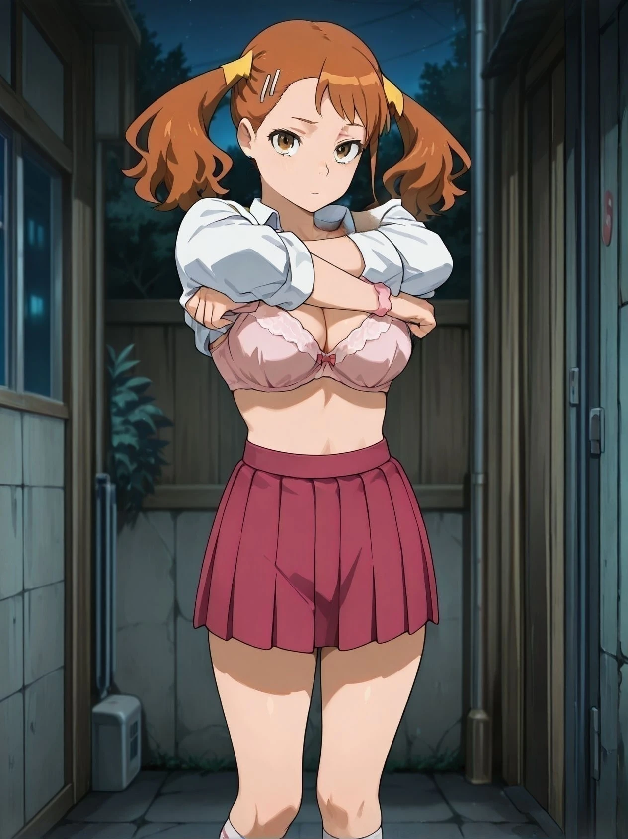 masterpiece, best quality, 8k wallpaper, blue eyes,kousaka honoka, (pink tight crop top), halter neck,breasts , elbow gloves, (pink latex skirt), in street , solo, (standing:0.8), earrings, posing , crotch ,Tape Gag ,Tape Bondage,bent over, struggling