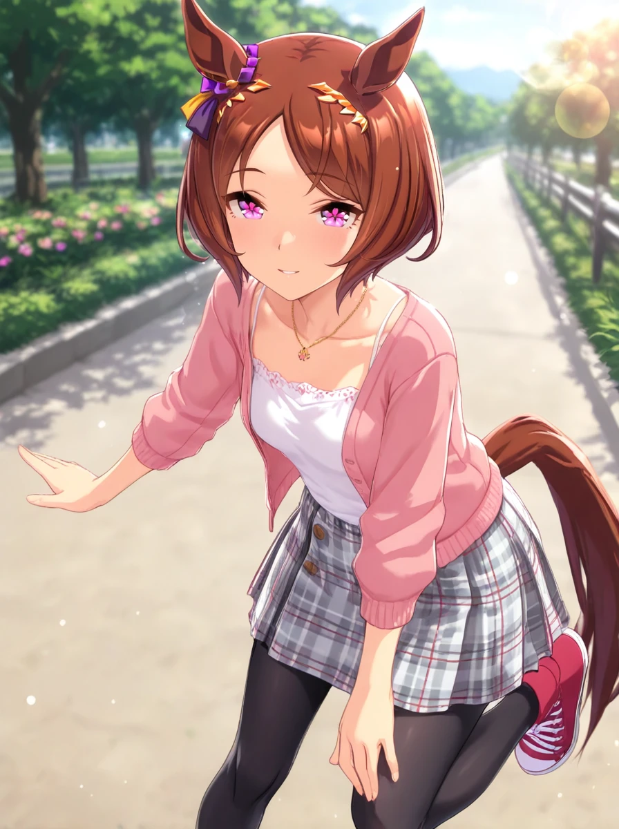 masterpiece, best quality,
sakura laurel \(umamusume\), 1girl, horse ears, horse tail, red high tops, plaid grey skirt, necklace, black pantyhose, smile, casual, looking at viewer, collarbone, pink cardigan, long sleeves, white camisole, ear ornament, hair ornament, flower-shaped pupils
motion blur, lens flare, outdoors, summer,
<lora:ILL_sakura laurel_ver1.01:0.75>