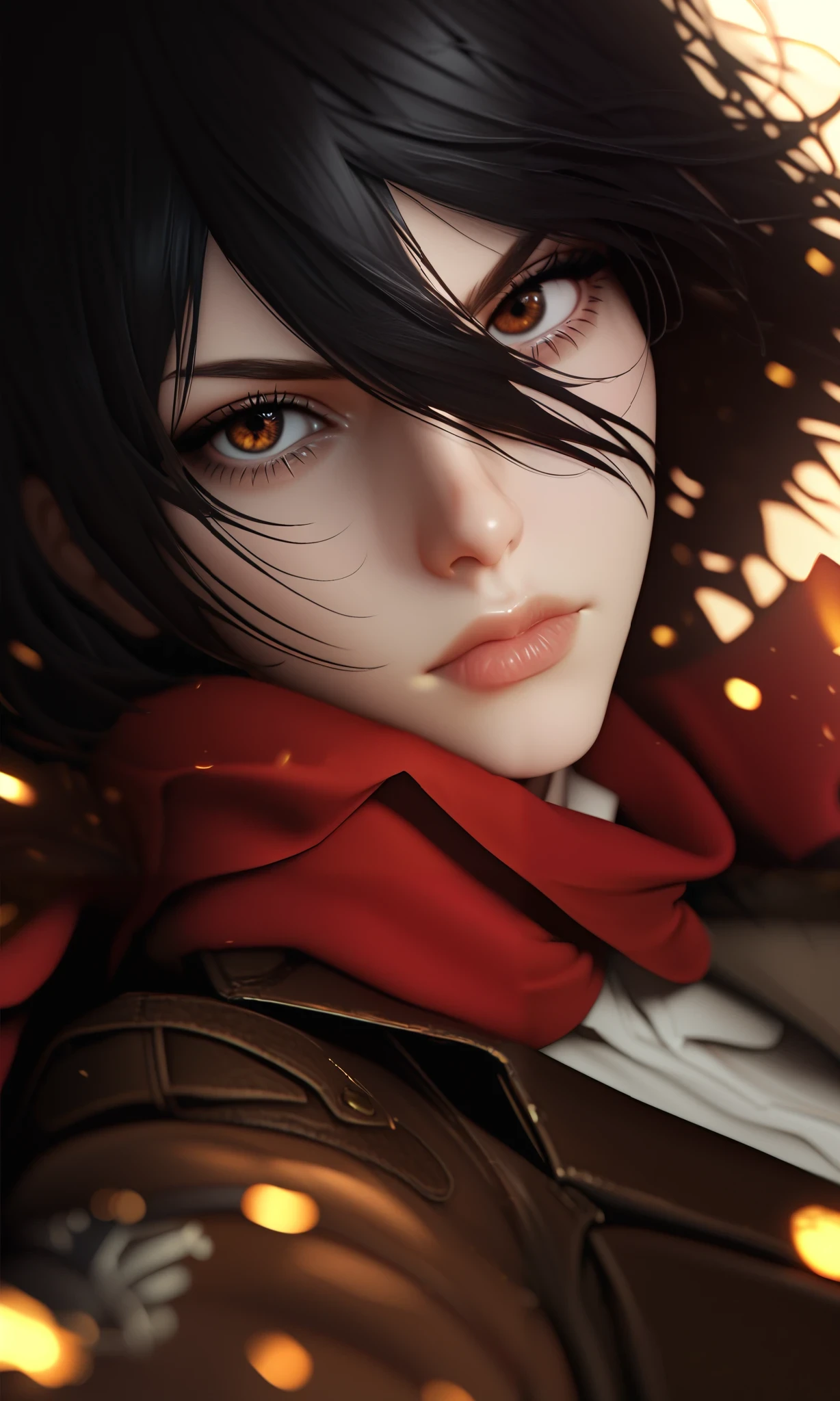 score_9, score_8_up, score_7_up, i want the whole image to be created in 3D anime style, 1girl, solo, looking at viewer, short hair, bangs, shirt, black hair, hair between eyes, brown eyes, closed mouth, jacket, white shirt, upper body, artist name, scarf, open jacket, lips, wind, portrait, red scarf, brown jacket, nose, emblem, paradis military uniform, embers, survey corps (emblem), mikasa ackerman