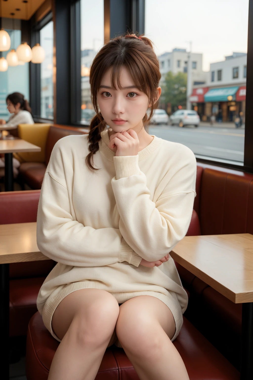 A young woman with fair skin and long brown hair tied back in a loose ponytail, wearing a white, long-sleeved sweater. She is sitting in a modern, well-lit restaurant with large windows in the background, showing a blurred view of the outside street and other buildings. The woman has a thoughtful expression, with her hands clasped together near her face, and her elbows resting on her knees. The lighting is soft and natural, coming from the windows. The overall atmosphere is calm and serene. The image has a high resolution and is taken with a DSLR camera. The woman's makeup is minimal, with a natural look. The background is slightly out of focus, emphasizing the woman as the main subject. BREAK (masterpiece:1.35),(best-quality:1.4), 8k, ultra-detailed, photography, (ultra-realistic:1.4), film grain, prefect hand