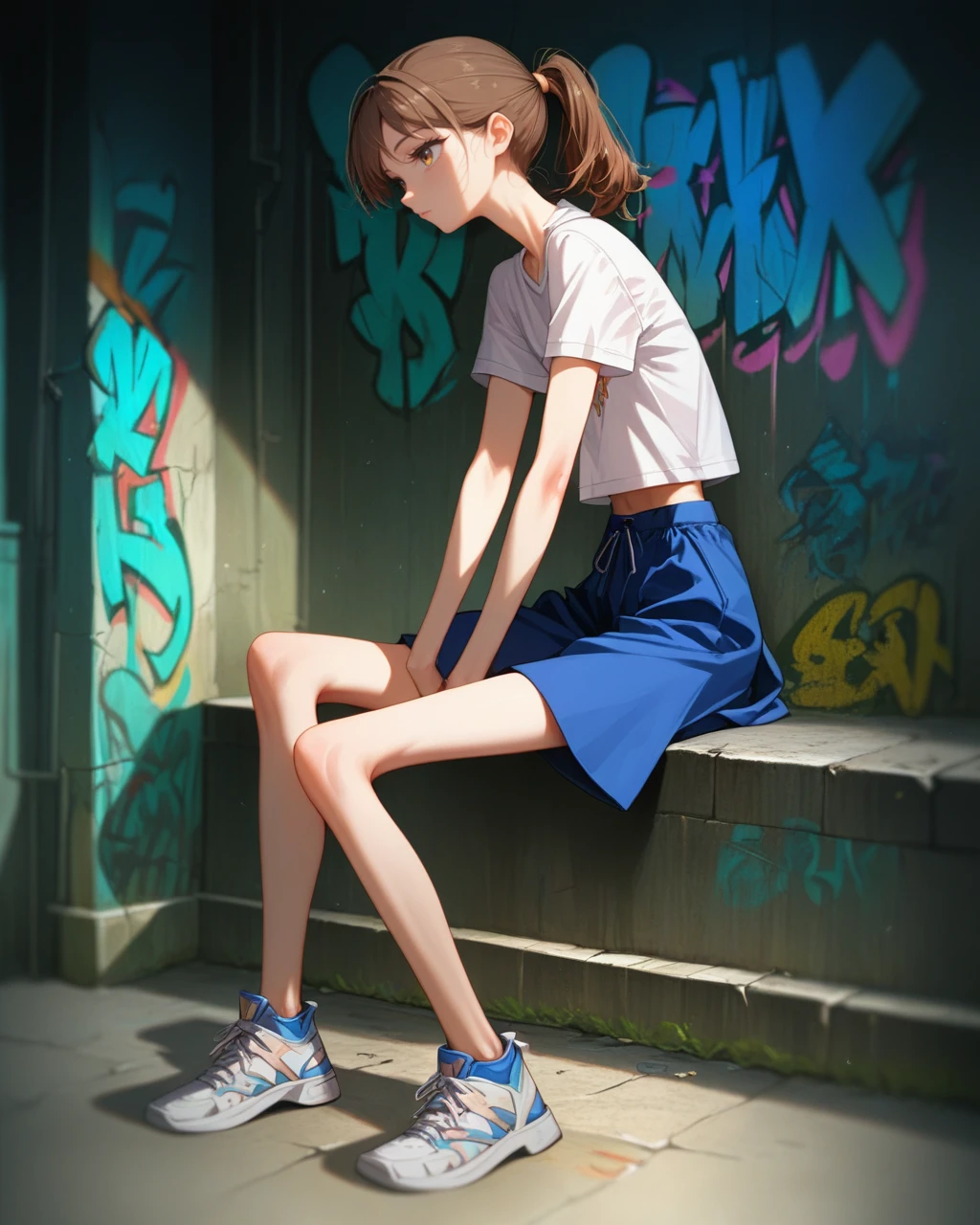 score_9,score_8_up,score_7_up,source_anime,masterpiece,best quality,1girl,<lora:skinnygirl_pony:1>,skinny,sitting,concrete wall,graffiti,sneakers,brown hair,ponytail,