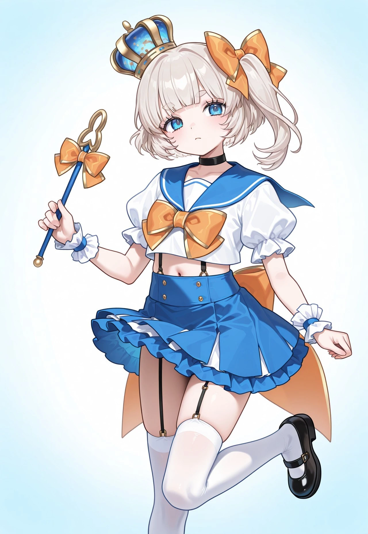 marimariEN, 1girl,
blue eyes, thick eyebrows,
platinum blonde hair, short hair, side ponytail,
hair bow, orange bow,
mini crown,
black choker,
school uniform, suspenders,
blue sailor collar,
wrist cuffs, frilled cuffs,puffy short sleeves,
navel,
garter straps,
blue skirt,
white thighhighs,
black shoes, mary janes,
holding wand,
wand,