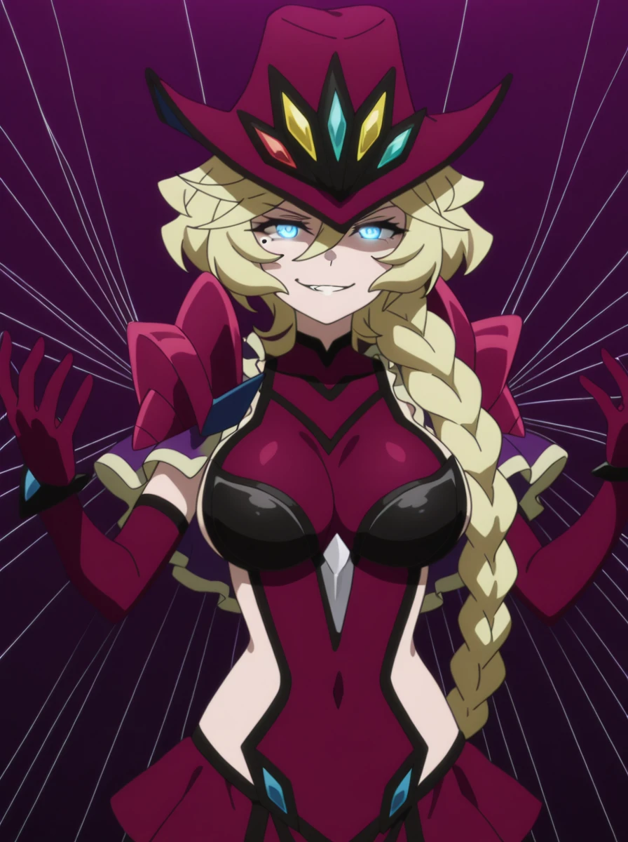 masterpiece, best quality, amazing quality, very aesthetic, absurdres, newest, anime screenshot, anime coloring,  <lora:anime_screencap:1> anime screencap, anime coloring simple background,  purple background, 
 <lora:carolIllust:1>blonde hair, 1girl, solo, mole, mole under eye, blue eyes, gloves, carolgear, long hair, hat, braid, elbow gloves, side cutout, braided ponytail smirk evil grin,  wings armor large breasts, string, puppet strings, open palm, glowing eyes,
