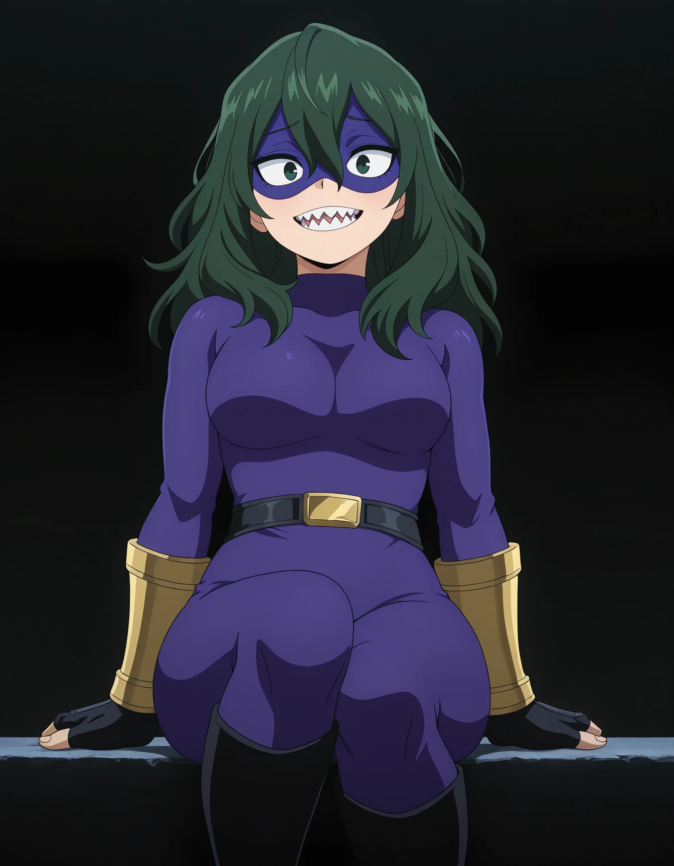 setsuna tokage, 1girl, solo, long hair, breasts, looking at viewer, smile, black hair, gloves, medium breasts, green hair, teeth, black gloves, belt, fingerless gloves, grin, black eyes, hand on hip, bodysuit, mask, contrapposto, superhero, domino mask <lora:SetsunaTokageLoRA-10:0.5>