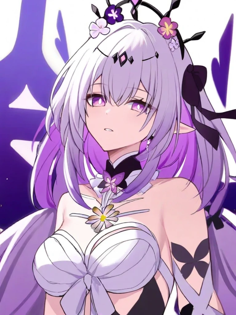 masterpiece,very aesthetic,<lora:castorice_ill_sdxl:1>,looking at viewer,parted lips,upper body,large breasts,castorice_(honkai:_star_rail),simple background,dress,1girl,hair ornament,white dress,white background,hair flower,flower,purple flower,bare shoulders,solo,breasts,