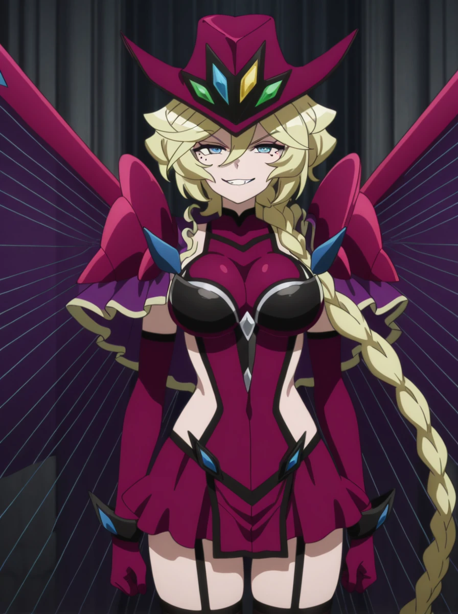 masterpiece, best quality, amazing quality, very aesthetic, absurdres, newest, anime screenshot, anime coloring, <lora:anime_screencap:1> anime screencap, anime coloring
<lora:carolIllust:1>blonde hair, 1girl, solo, mole, mole under eye, blue eyes, gloves, carolgear, long hair, hat, braid, elbow gloves, side cutout, braided ponytail smirk evil grin, wings armor large breasts, aged_up flying night_sky head gear thighhighs,