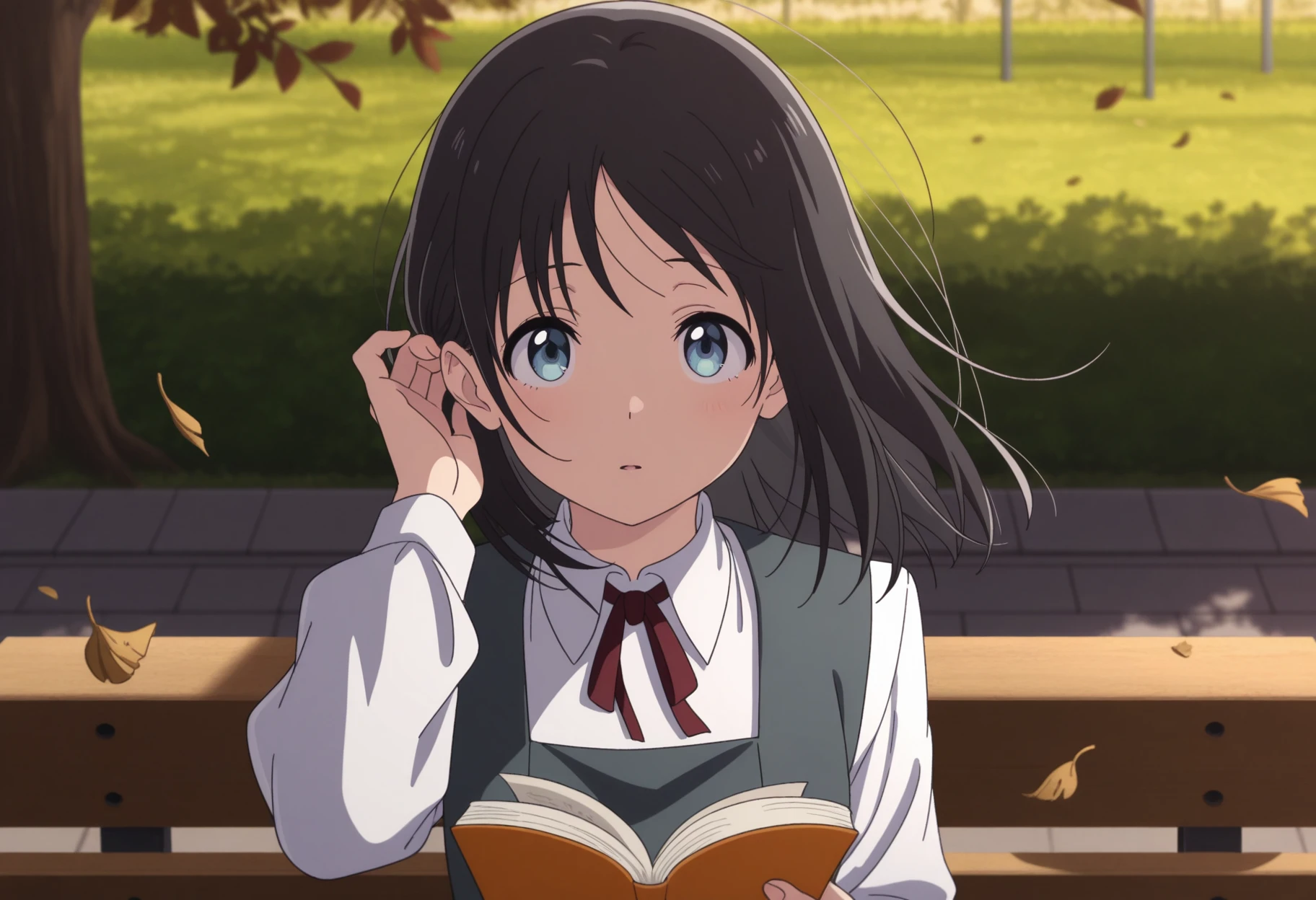 masterpiece, best quality, very aesthetic, anime, high quality, detailed background, looking at viewer,
1girl, hana_haruyama, sumomogaoka_uniform, white sleeves,
black hair, blue eyes, solo <lora:Hana_Haruyama:0.8>
holding book, reading book, sitting, outdoor, bench, park, falling leaves, upper body, POV, adjusting hair, windy,