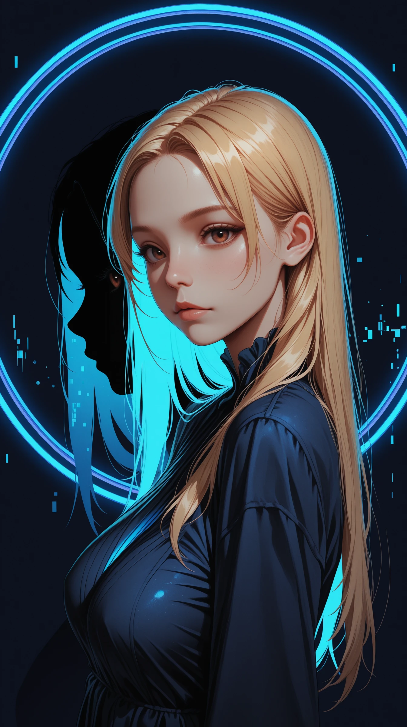 rijjnn, blue colors, neon glow, shadow, dark,<lora:reij-neon:0.7>,
2girls, face, portrait, looking at viewer,
masterpiece,best quality,amazing quality,very aesthetic,absurdres,newest,detailed eyes,
women, brown eyes, blonde hair, long hair, small waist, medium breasts, saggy breasts, cheekbones,
leaning against female silhouette, dynamic motion,
wearing a ruffled dress,
face focus, side view, upper body view, dynamic angle,
circle, black background, black silhouette, silhouette as her reflection, abstract background, minimalistic composition, tangle composition, blue background details,
blue neon lights, light from one side, dark shadow,
Glitch Art