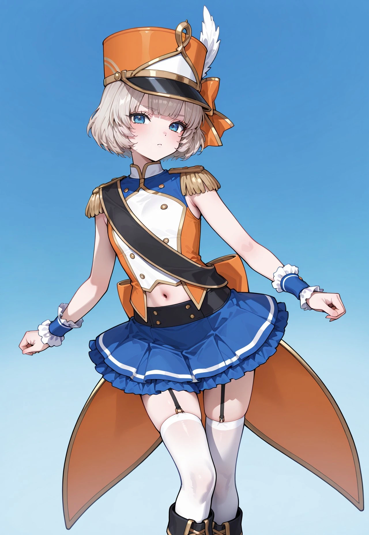marimariEN, 1girl,
blue eyes,
platinum blonde hair, short hair,
hair bow, orange bow,
shako cap, orange headwear,
band uniform, epaulettes, buttons,
wrist cuffs, frilled cuffs,
coattails, black sash,
sleeveless,
navel peak,
navy blue skirt, frilled skirt,
white thighhighs,
garter straps,
boots,