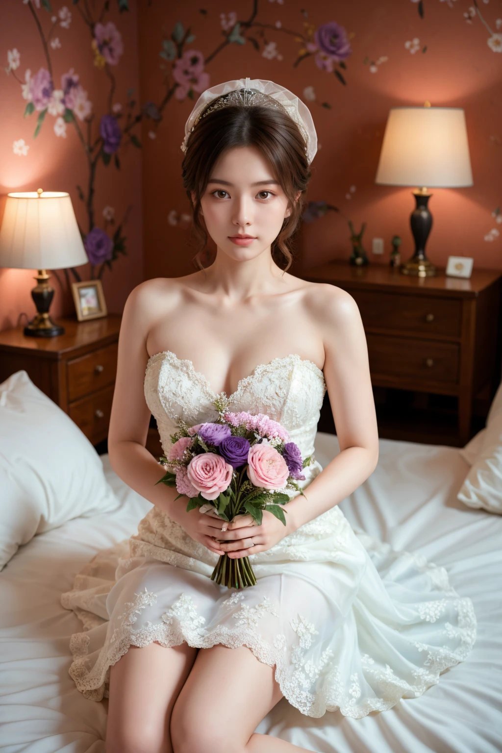 A high-quality photograph of a young woman with fair skin and delicate features, wearing a strapless white wedding dress with intricate lace detailing. She has short, dark brown hair styled in a loose updo, and is holding a bouquet of pink and purple flowers. The background features a cozy, vintage-style bedroom with red floral wallpaper, a wooden headboard, and a bedside table with a lamp. The woman is sitting on a bed with a floral-patterned duvet, and there is a hat on the bed next to her. The lighting is soft and warm, creating a romantic atmosphere. BREAK (masterpiece:1.35),(best-quality:1.4), 8k, ultra-detailed, photography, (ultra-realistic:1.4), film grain, prefect hand