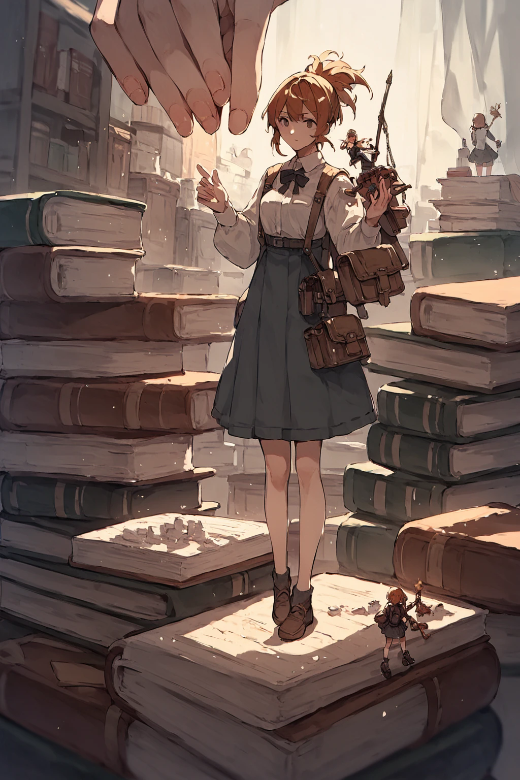 <lora:mini-people:1> minipoeple, minigirl, woman standing next to regular sized book, regular sized objects, , source_anime, score_9_up, score_7_up, score_8_up