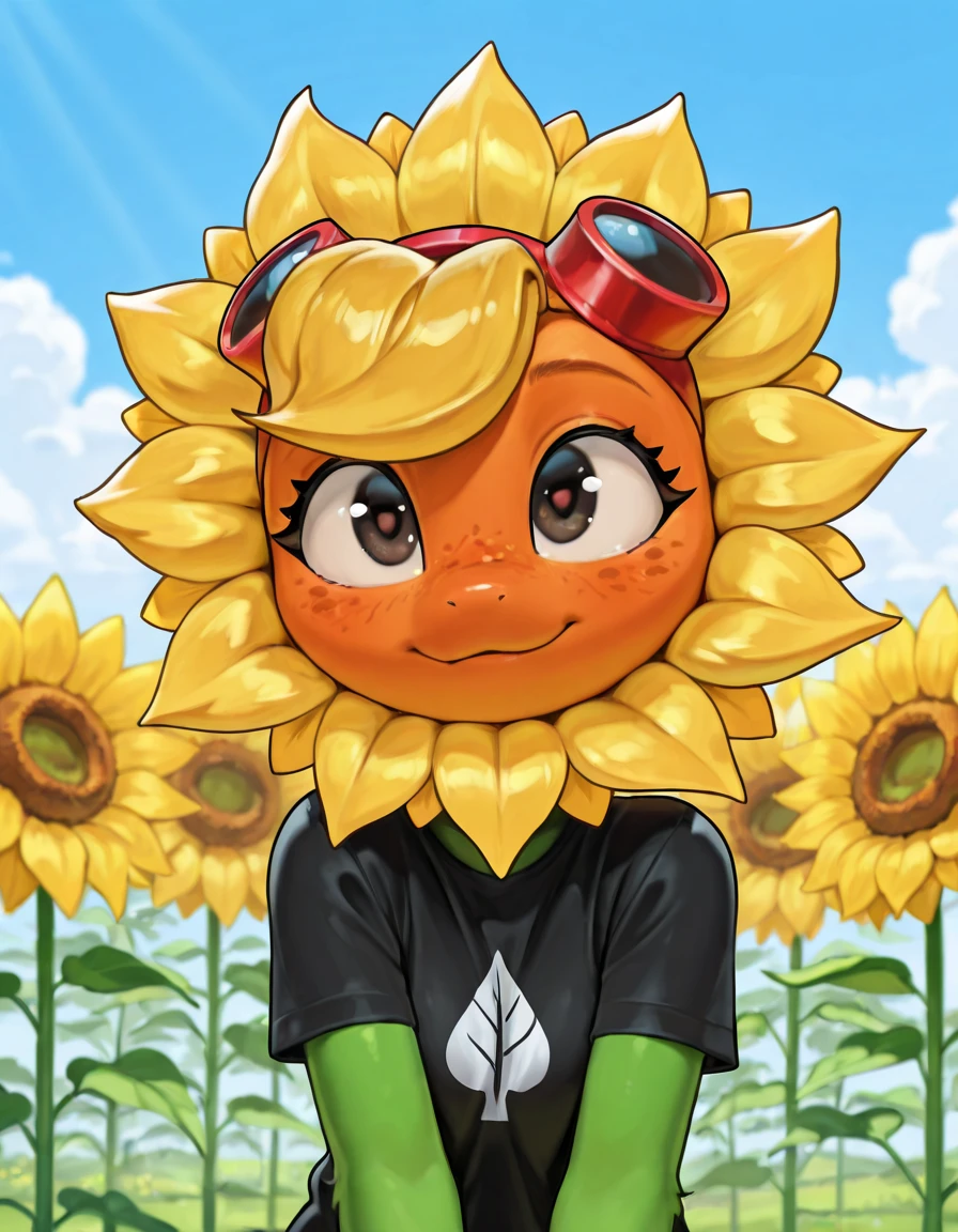 masterpiece, best quality, amazing quality, very aesthetic, high resolution, ultra-detailed, absurdres, newest, scenery, furry, anthro,
<lora:solar_flare_pvz:1>, solar_flare_pvz, flower, plant, eyewear, goggles, clothing, eyewear_on_head, goggles_on_head, not_furry, freckles, green_body, sunflower, clothed, topwear, eyelashes, petals, 1girl, female, solo
BREAK, detailed background, detailed hair, depth of field, detailed fluffy fur, photorealistic details, volumetric lighting