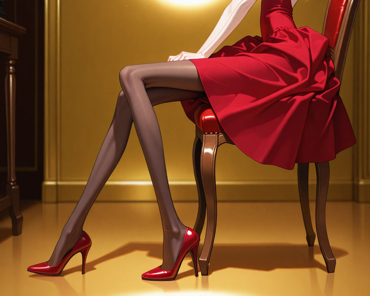 masterpiece,best quality,higres illustration,1girl,lower body,from side,<lora:skinnygirl_IL:1>,skinny,pantyhose,brown pantyhose,red high heels,red dress,chair,sitting,golden room,