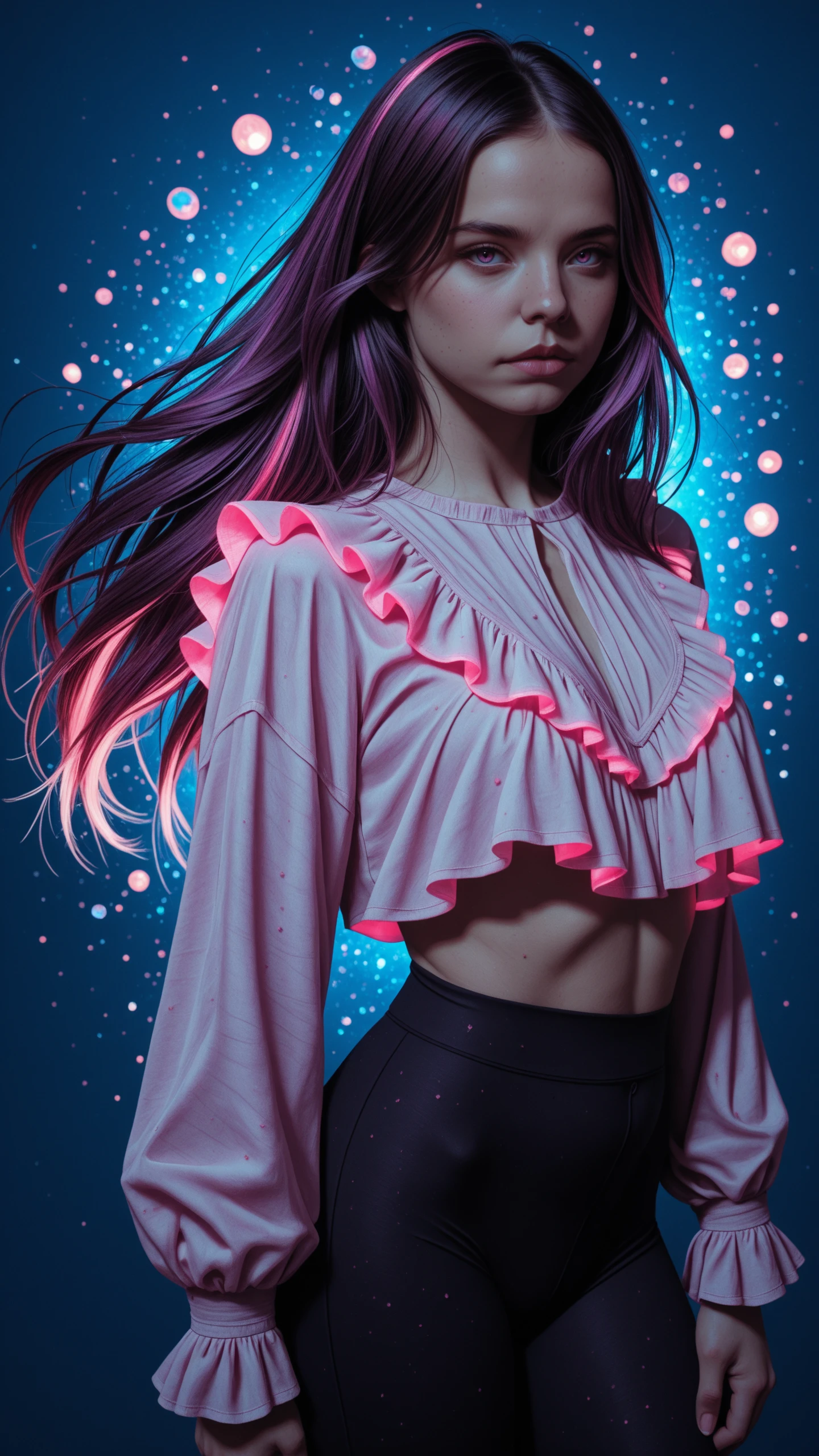 masterpiece, best quality, 1girl, face, portrait, looking at viewer, Masterpiece-level, sharp and fine photography style.
Analogous Colors, closed mouth, ruffled blouse, long sleeves, leggings, side shadow, low light, rim-light, floating hair,
blue background, purple details,
rijjnn, pink colors, neon glow, shadow <lora:reij-neon:1>