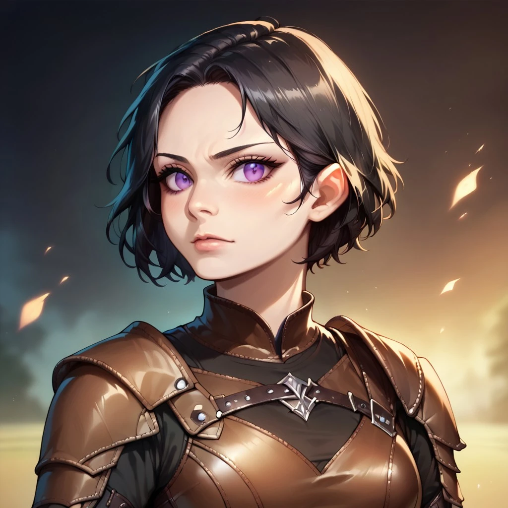 (((detailed, beautiful, high quality))), score_9, score_8_up, score_7_up, upper body, solo,
leather armor, leather shoulder pads, leather bracers,
1girl, black hair, short hair, purple eyes,
looking at the viewer, posing,
fantasy background, dark background, blurred background,