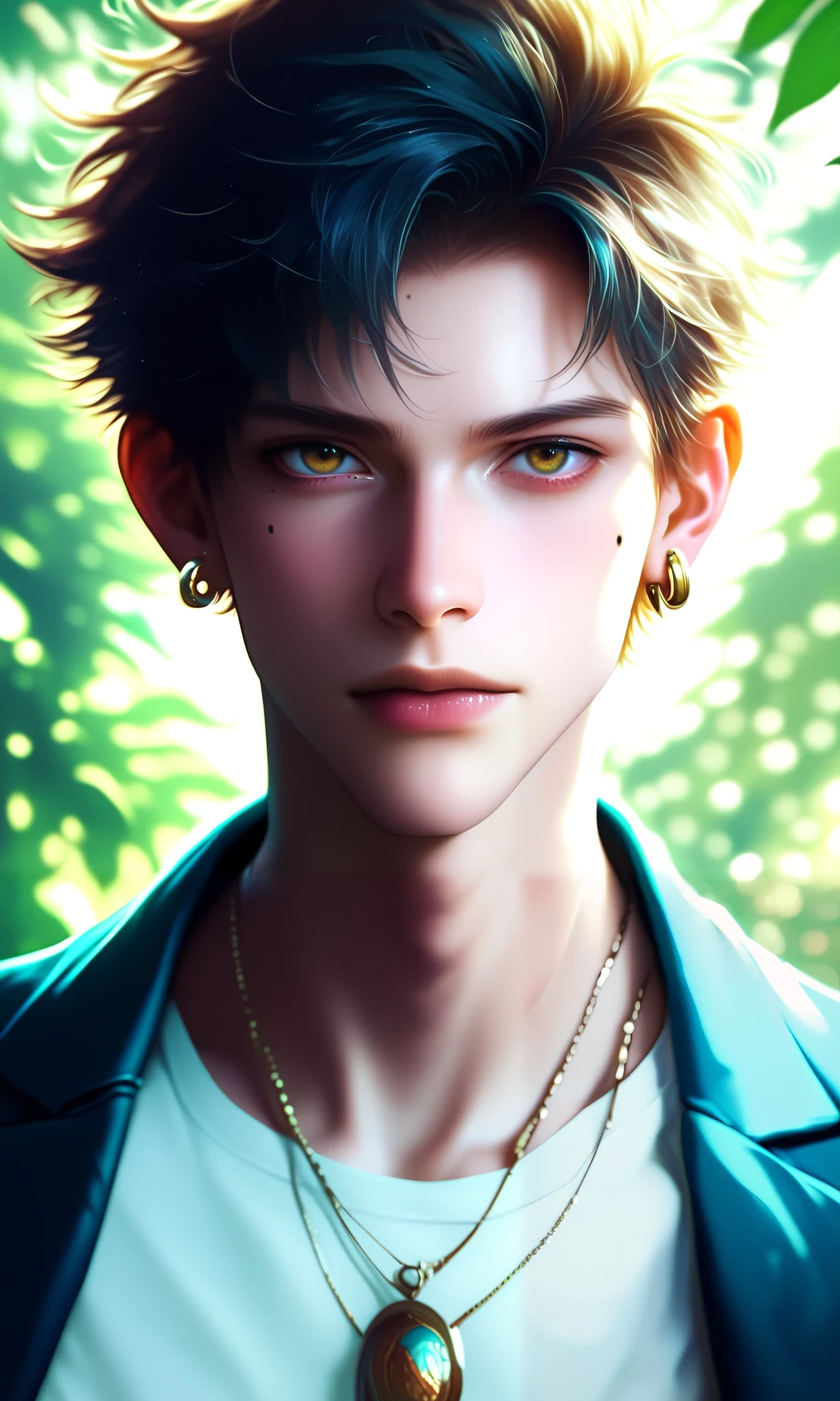 score_9, score_8_up, score_7_up, score_6_up, score_5_up, score_4_up, a person who is wearing a blazer and necklace and posing in foliage, 1boy, male focus, solo, jewelry, earrings, mole, mole on cheek, looking at viewer, very short hair, feathers, shirt