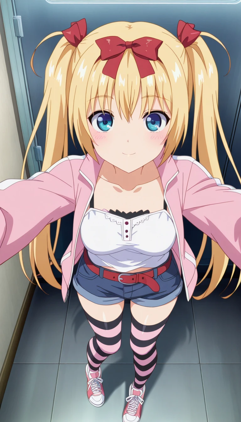 (masterpiece),best quality,amazing quality,very aesthetic,absurdres,newest,perfect body,shiny skin,perfect eyes,detail1eye,well-defined fingers,well-defined fingernails,anime style,indoors,1girl,solo,upper body,(portrait:1.5),looking at viewer,facing viewer,smile,blush,Arifureta Shokugyou De Sekai Saikyou anime style,Airi Akizuki,ahoge,very long hair,blonde hair,high twintails,hair ribbon,red ribbon,bangs,blue eyes,collarbone,pink jacket,white camisole,long sleeves,medium breasts,red belt,denim shorts,shorts rolled up,zettai ryouiki,two-tone thighhighs,pink thighhighs,black thighhighs,striped thighhighs,sneakers,<lora:Airi Akizuki(oc)-Illus:1.6>,<lora:Arifureta Shokugyou De Sekai Saikyou anime[style]-Illus:1.6>,
