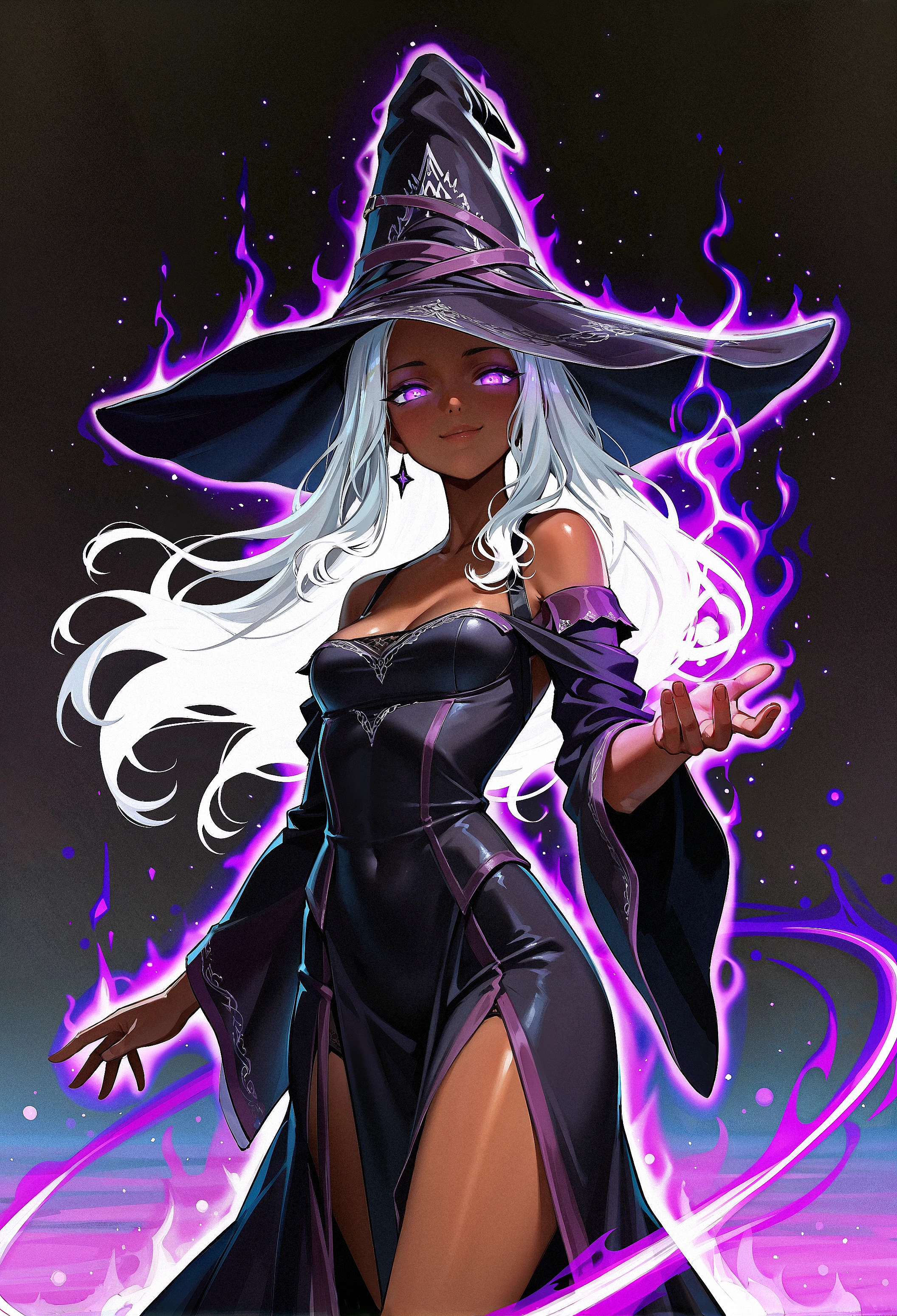 magic_aura, masterpiece, best quality, anime,solo, dark background, soft effect, RecluseER, 1girl, white hair, witch hat, dark skin, outstretched hand, skinny, pheromone from body,pulse:1.2 , smile, , purple eyes, glowing eyes:0.2,detailed eyes, (fantasy illustration) <lora:iLLRecluseER:0.8>