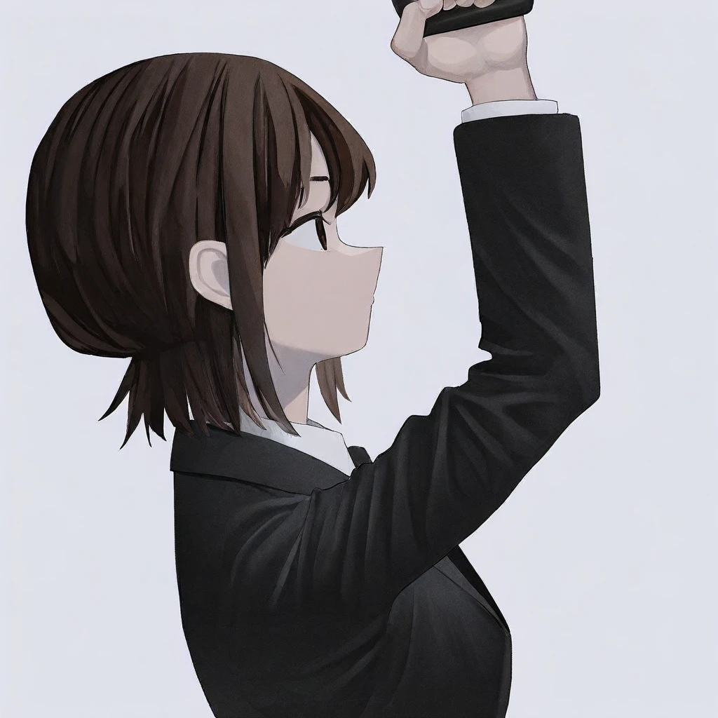 1girl,solo,brown hair,black chocker,from side,simple background,white background,standing,upper body,suit,holding hand grip,arm up, hand up
