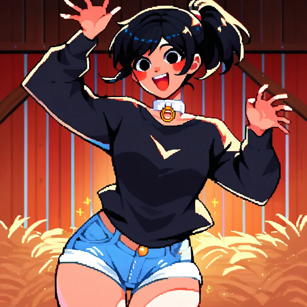 young girl, Pullover, very short shorts, booty shorts, whole body to see, exited, smile, scream, Open mouth, lace short hair, big thighs, big breast, platform heels , thin waist, topless, muscular girl, Fit girl, ABS, brown skin, tanned,