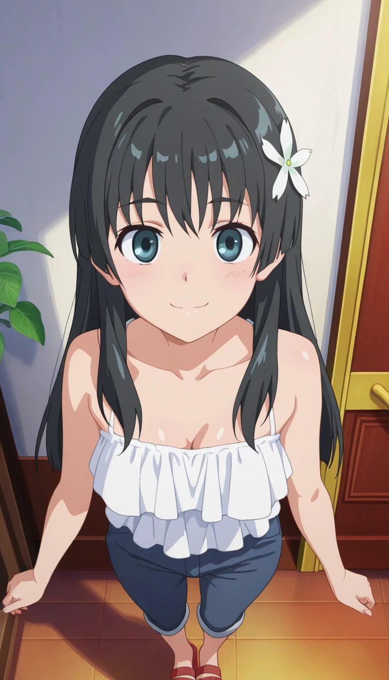 (masterpiece),best quality,amazing quality,very aesthetic,absurdres,newest,perfect body,shiny skin,perfect eyes,detail1eye,well-defined fingers,well-defined fingernails,anime style,indoors,1girl,solo,upper body,(portrait:1.5),looking at viewer,facing viewer,smile,blush,Arifureta Shokugyou De Sekai Saikyou anime style,Saten Ruiko,casual clothes no.1,long hair,black hair,hair ornament,hair flower,sidelocks,bangs,black eyes,bare shoulders,camisole,white shirt,frilled shirt,medium breasts,dark blue pants,capri pants,pants rolled up,sandals,red footwear,<lora:Saten Ruiko(omrg)-Illus:1.6>,<lora:Arifureta Shokugyou De Sekai Saikyou anime[style]-Illus:1.6>,