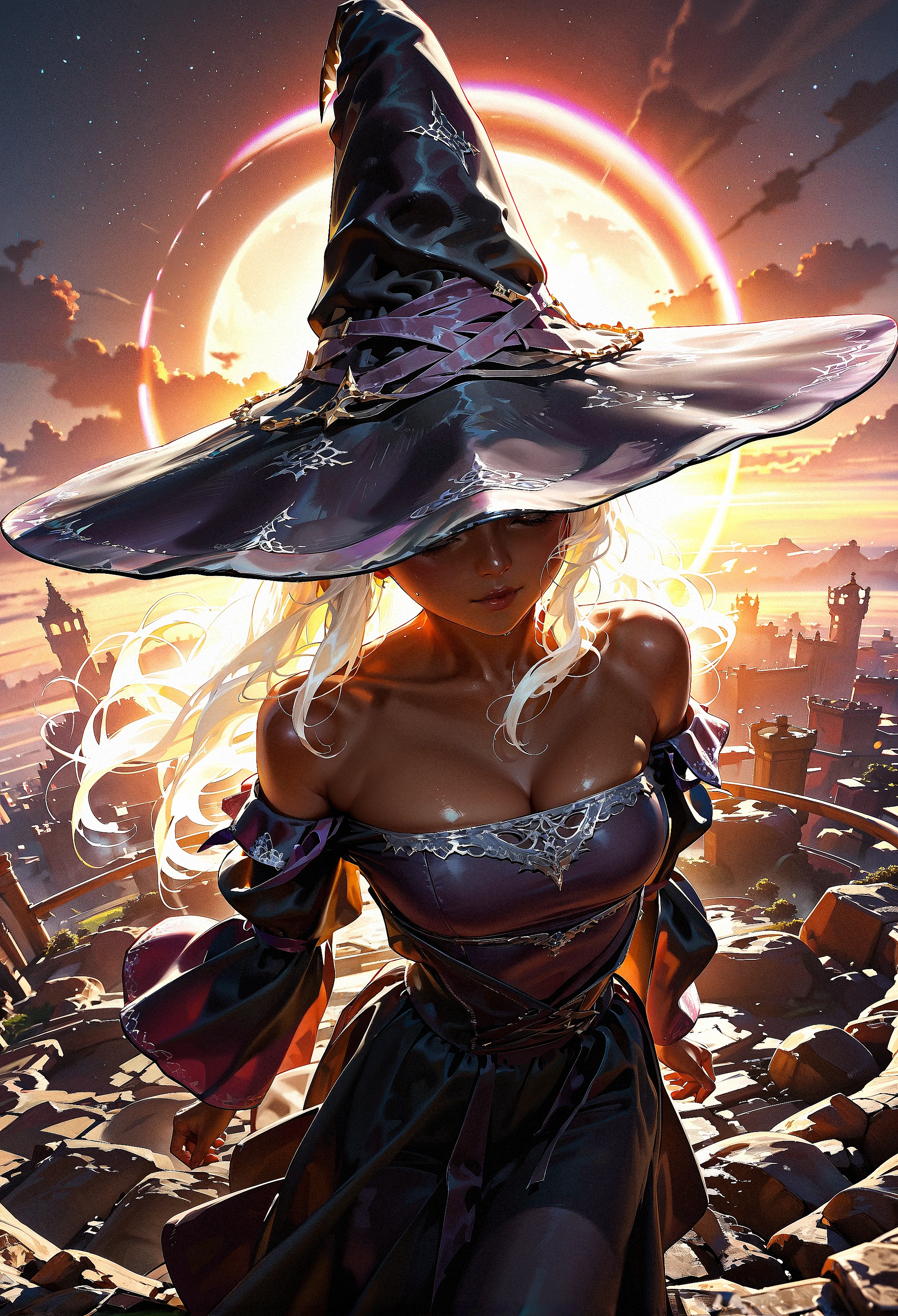 masterpiece, best quality, amazing quality, very aesthetic, absurdres, newest, scenery, 1girl, RecluseER, 1girl,white hair, witch hat, dark skin, upper body, backlighting, from above, dutch angle, , close-up, photorealistic, dutch angle, from above,,fisheye, , masterpiece, best quality, amazing quality, very aesthetic, absurdres, newest, scenery, volumetric lighting <lora:iLLRecluseER:0.8>