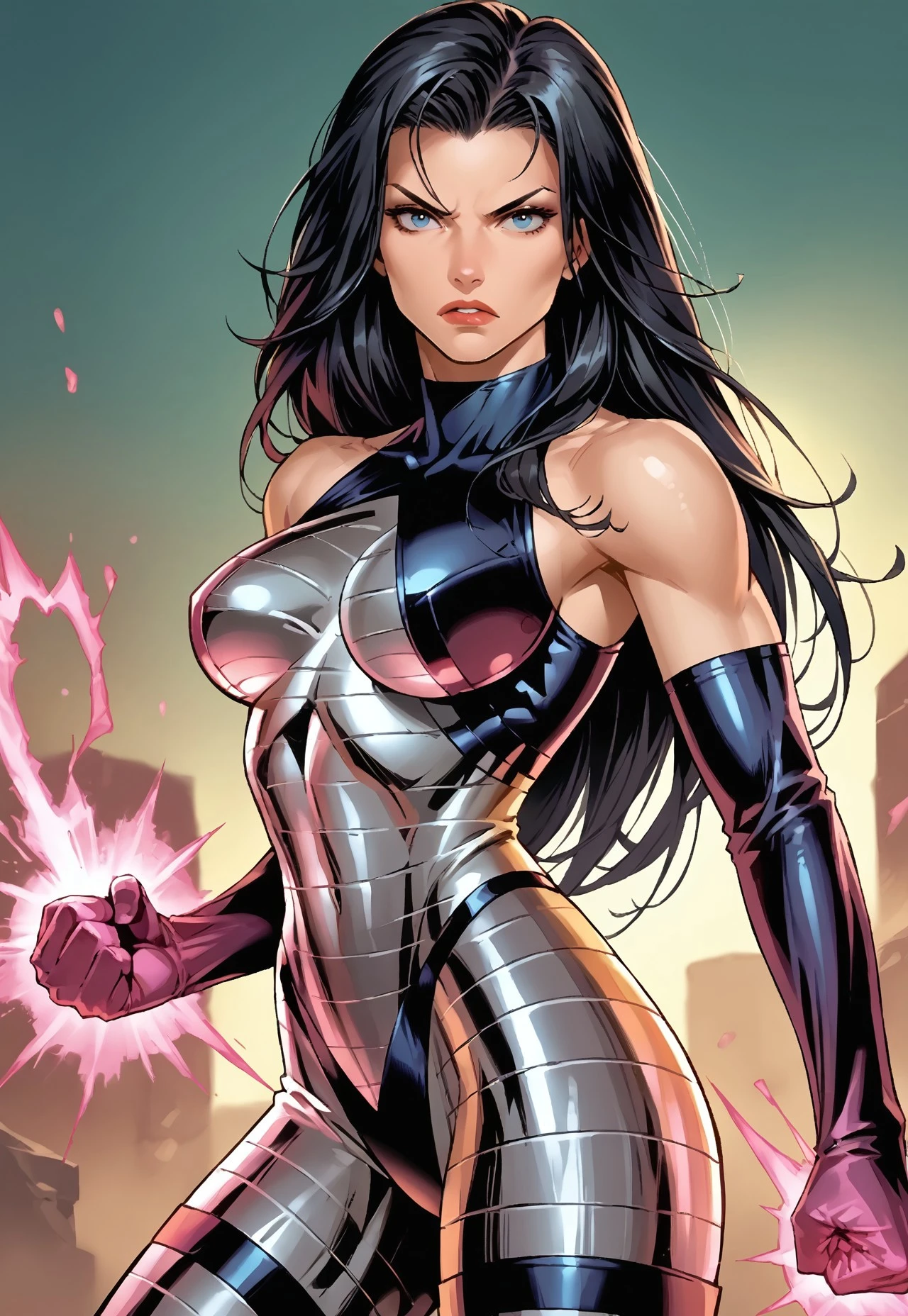((SUPERHEROINE PSYLOCKE )) , ((ella tiene pelo largo)), (Ella lleva su uniforme), (obra maestra, mejor calidad) 1chica, laus, solo, (sexy, mujer bonita, cara perfecta, ojos perfectos), imagen de 1/2 cuerpo , (PSYLOCKE, MIRADA SERIA), Pose dinamica, pose de batalla de super heroe. . ((((action)))), ((movement)), (((motion))), ((dynamic)),

