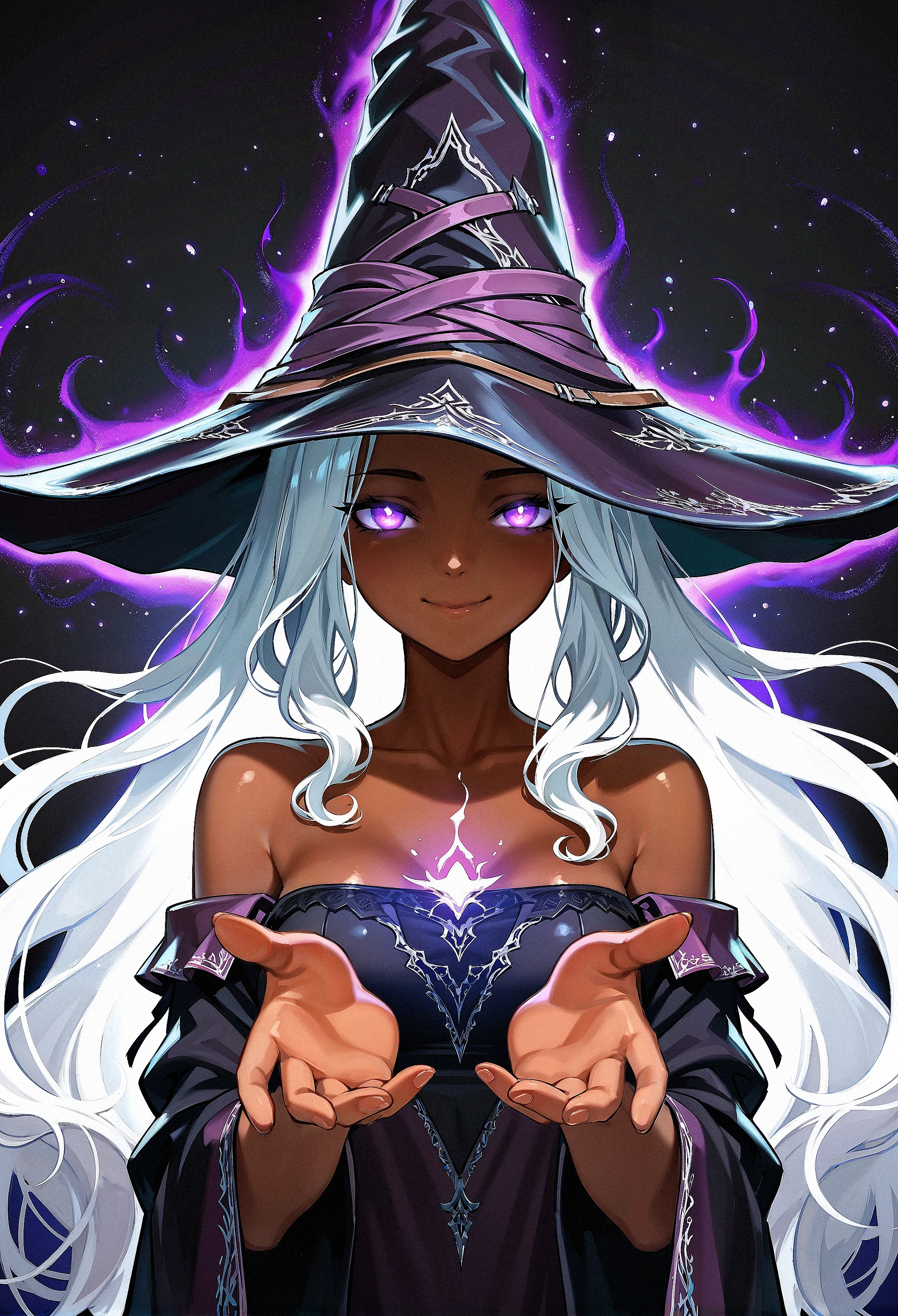 magic_aura, masterpiece, best quality, anime,solo, dark background, soft effect, RecluseER, 1girl, white hair, witch hat, dark skin, outstretched hand, skinny, pheromone from body,pulse:1.2 , smile, , purple eyes, glowing eyes:0.2,detailed eyes, (fantasy illustration), close up, <lora:iLLRecluseER:0.8>