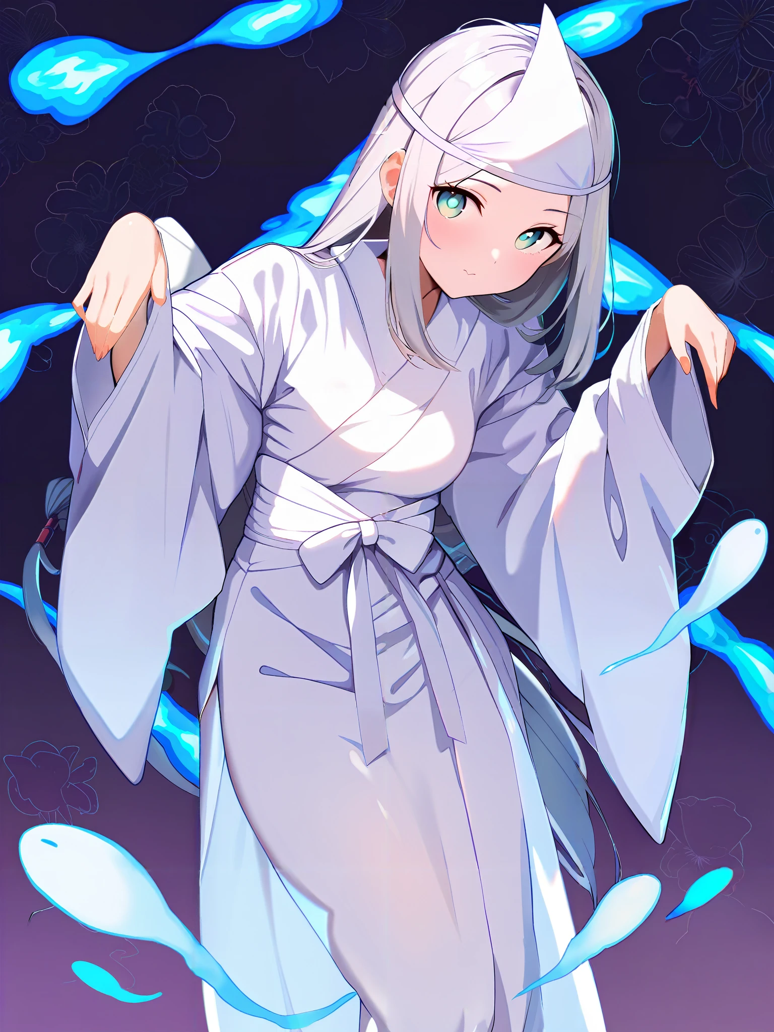 masterpiece, high score, great score, absurdres,vivid,ultra-detailed line,ultra-detailed background,clear skin,shiny hair,cute girl,cute face,kawaii,beautiful eyes,real skin <lora:shirosyouzoku_XL_V1.0:1> shirosyouzoku, ghost pose, long sleeves, hitodama