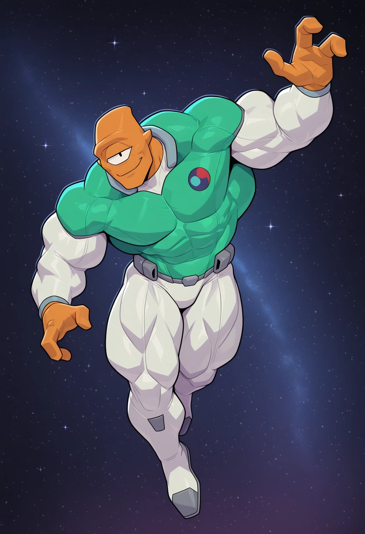 solo, flying, space, dynamic pose, starry background, smiling, bedroom eyes, looking at viewer, 4ll3n, 3 fingers, orange skin, bodysuit, green white shirt, muscular, full-length portrait, perfect anatomy, masterpiece, perfect quality, best quality, detailed, newest, very aesthetic
<lora:Illustrious\Characters\AllenTheAlien_Invincible_V1_ILXL:1.0>