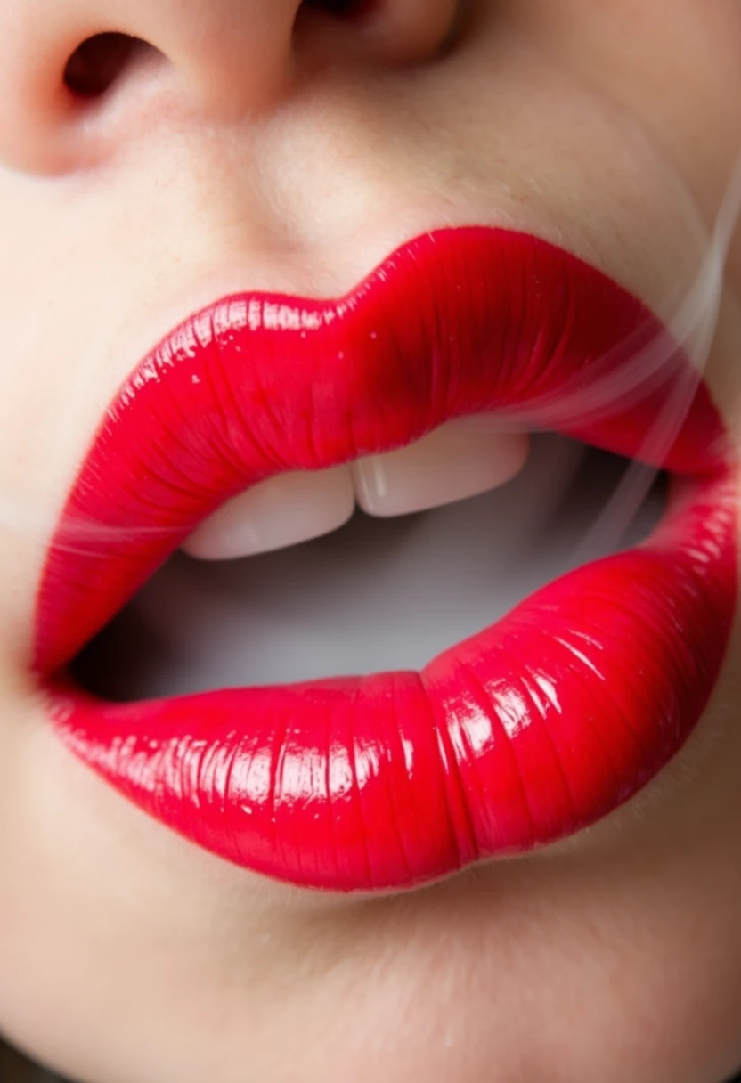 Close-up photo of a woman's lips, with bright red lipstick and a glossy and glittery shine. The lips are slightly parted, exhaling smoke. The background is blurry and neutral, with a beige and brown color palette. The lighting is soft and natural, highlighting the texture and color of the lips. The image has a shallow depth of field, with the lips in sharp focus and the background out of focus. The composition is close-up and intimate, focusing on the lips and the subtle detail of the gloss.
 <lora:Flux.closeup.v2-000013:1>