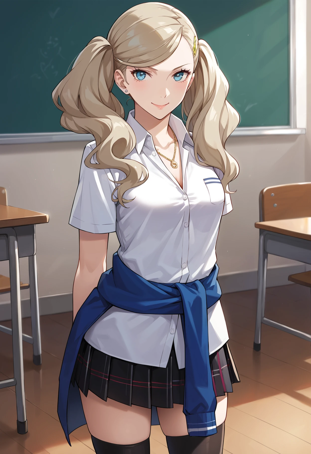 score_9, score_8_up, source_anime
1 girl, solo,
p5ann, takamaki anne, blonde hair, long hair, twintails, swept bangs, hair clip,
p5ann-sumuni, necklace, polo shirt, white polo shirt, short sleeves, sweater around waist, blue sweater, pleated skirt, plaid skirt, black socks, shujin academy school uniform,
classroom, standing, smile, looking at viewer, hands behind back,
masterpiece, best quality, ultra detailed,